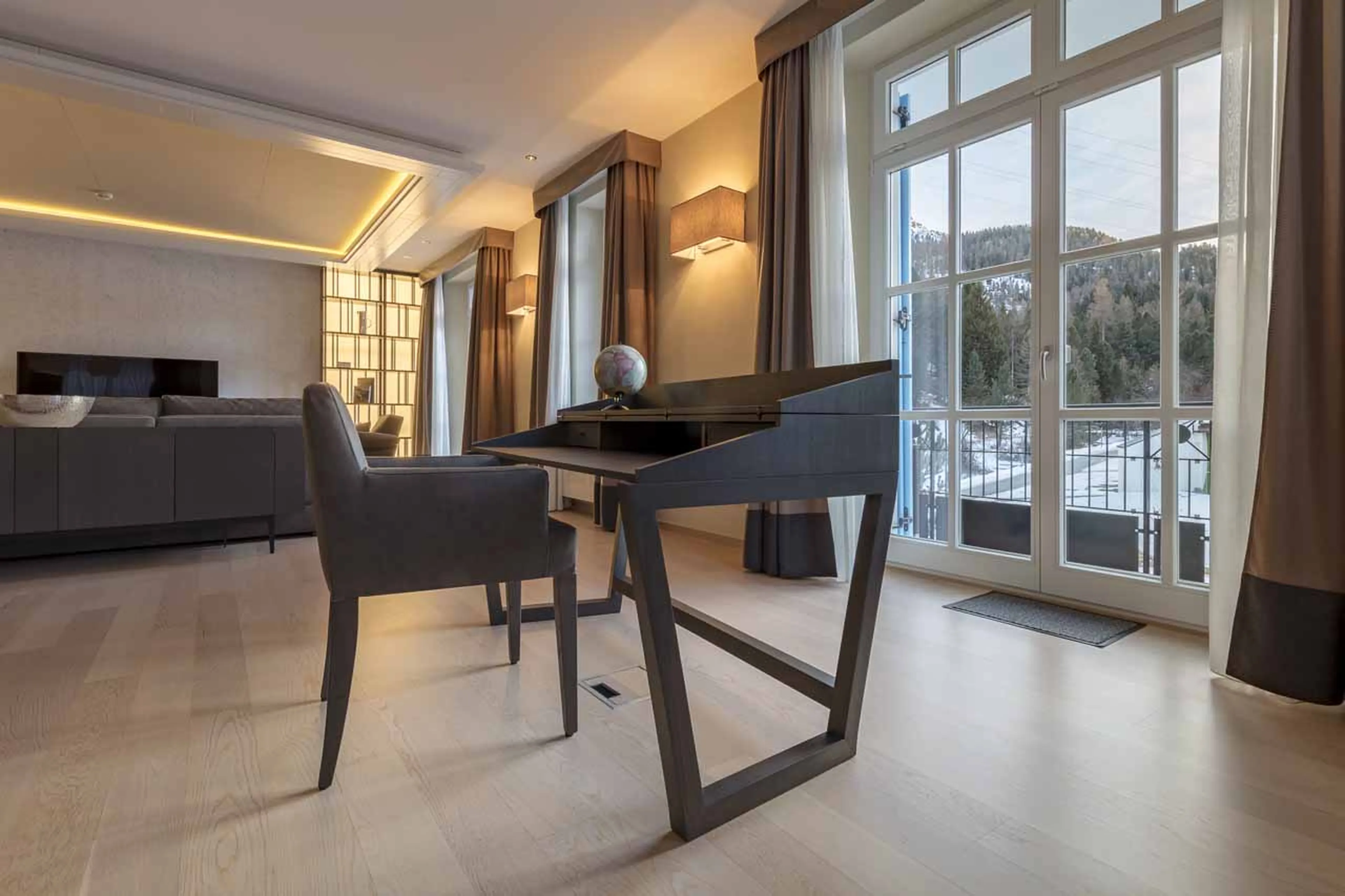 Desk in living area of Piz Mandra in St Moritz