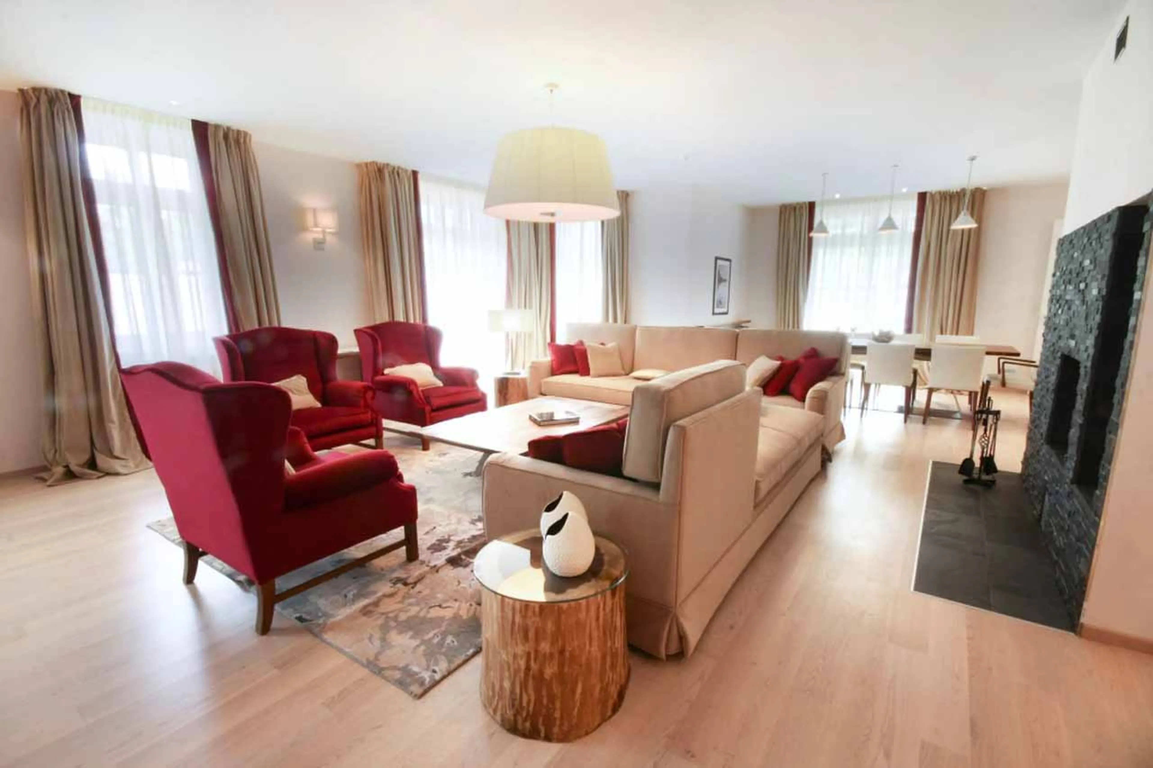 Open plan living room at Piz Surlej in St Moritz