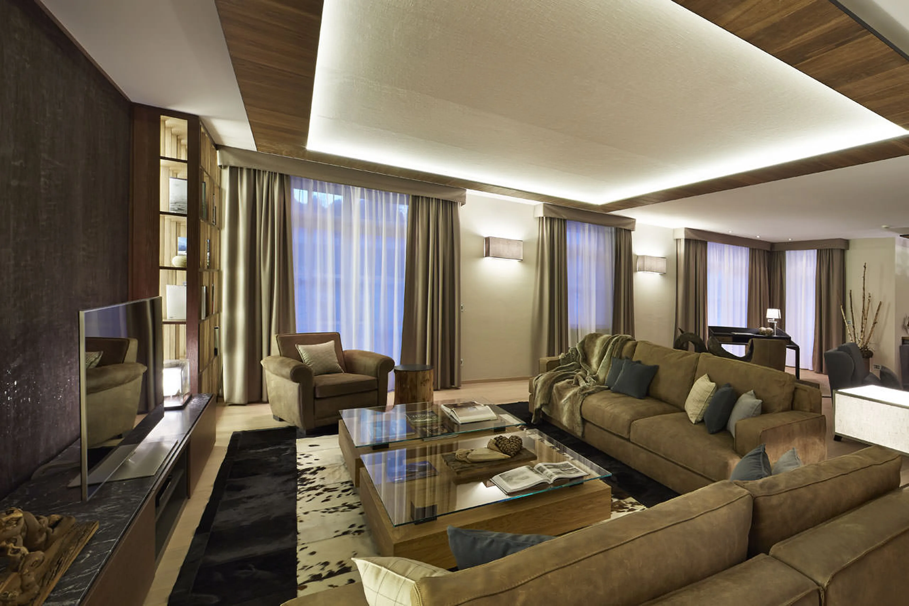 Sofas in living area of Piz Vadret in St. Moritz