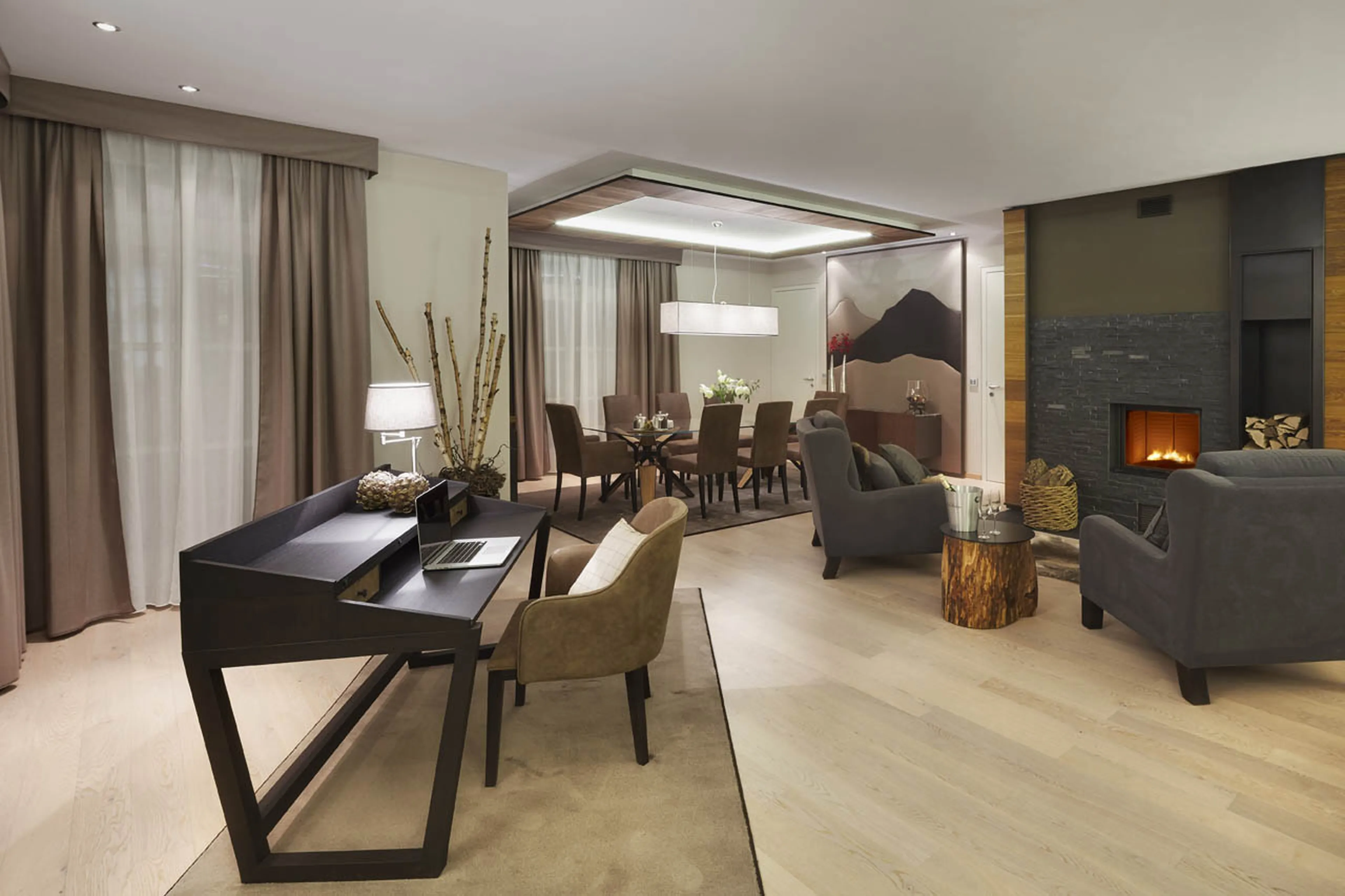 Desk and dining area at Piz Vadret in St. Moritz