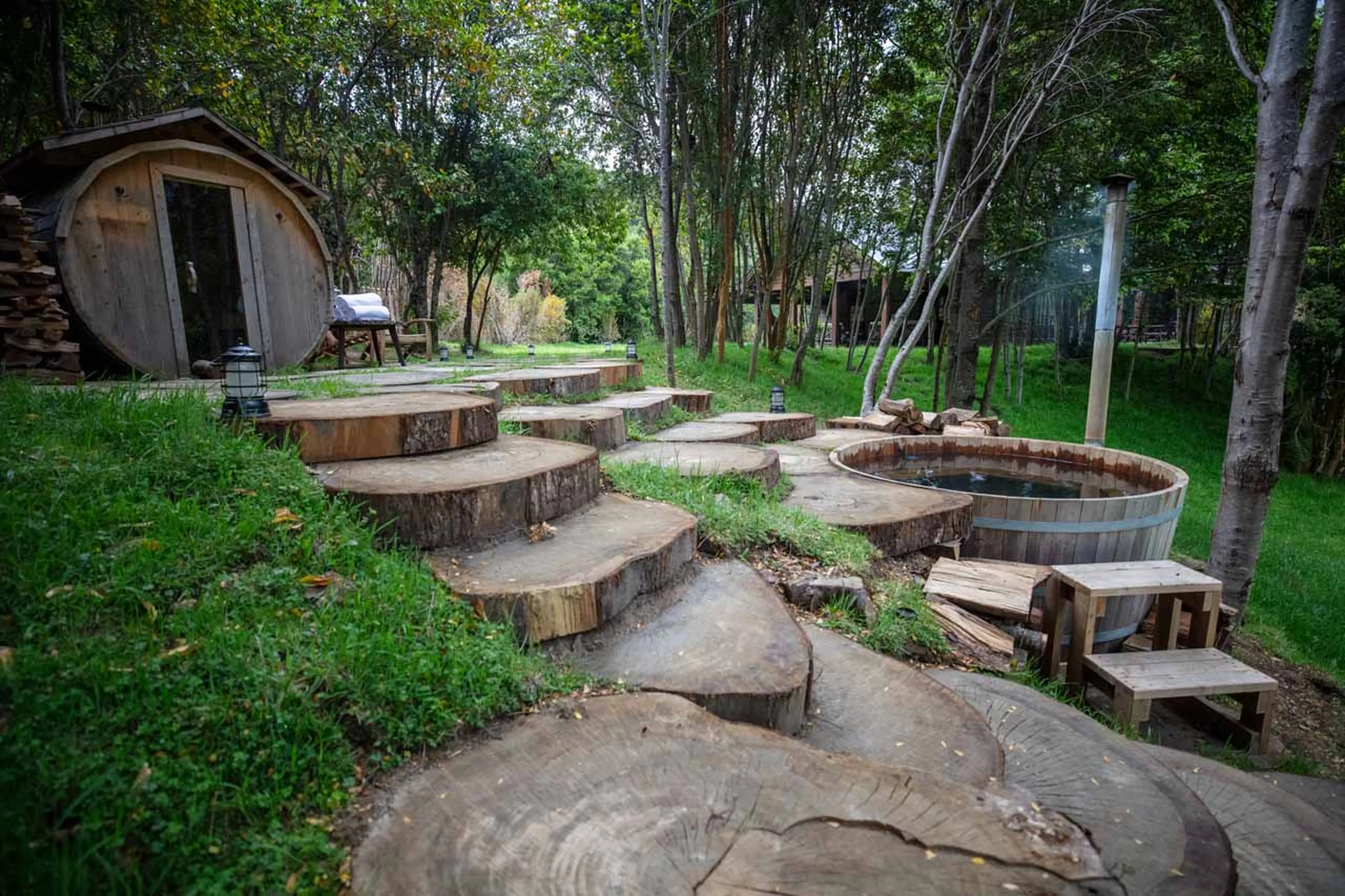 Hot tub and sauna at Rio Palena Lodge in Patagonia