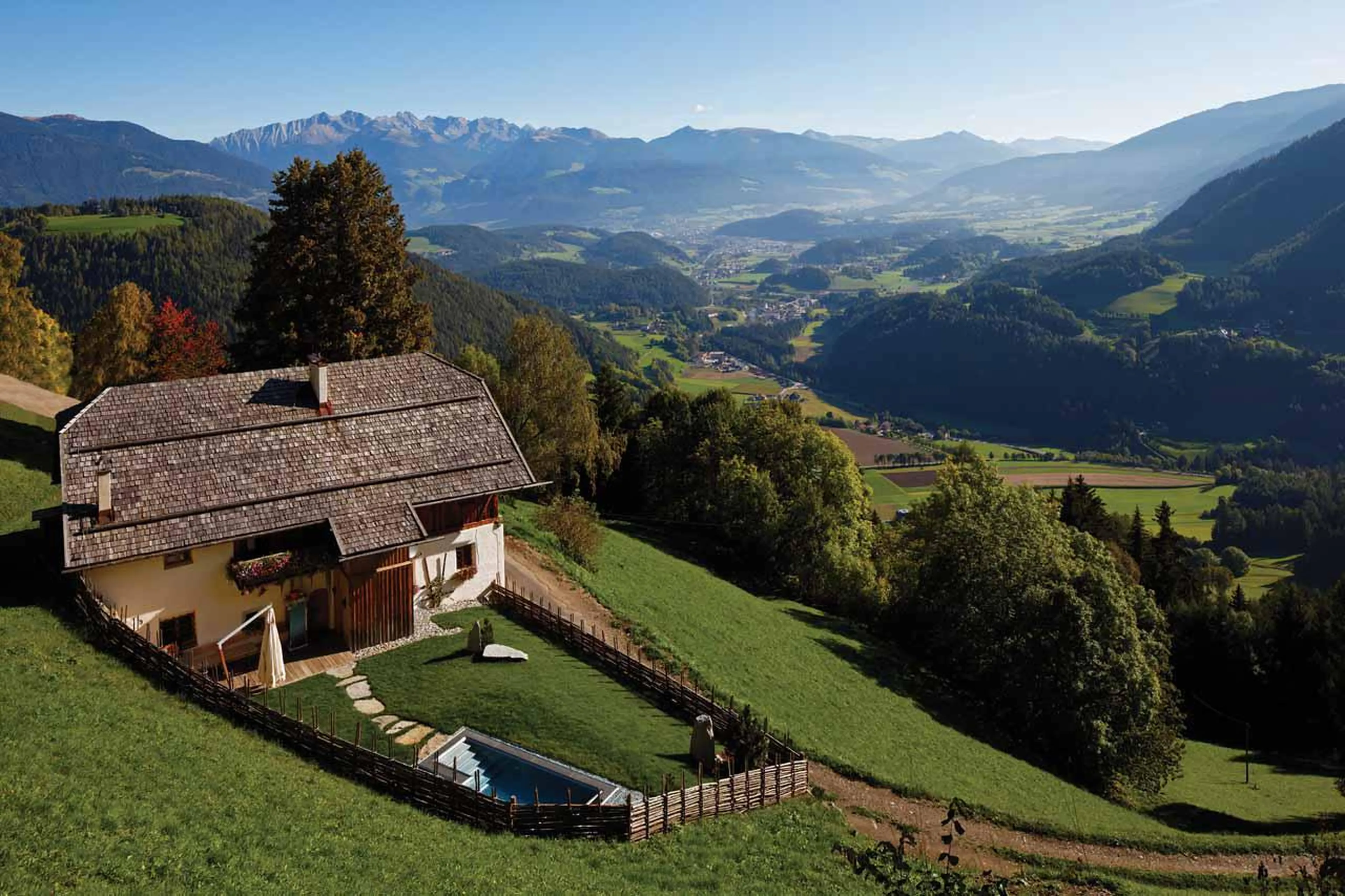 View of San Lorenzo Lodge in Kronplatz in summer