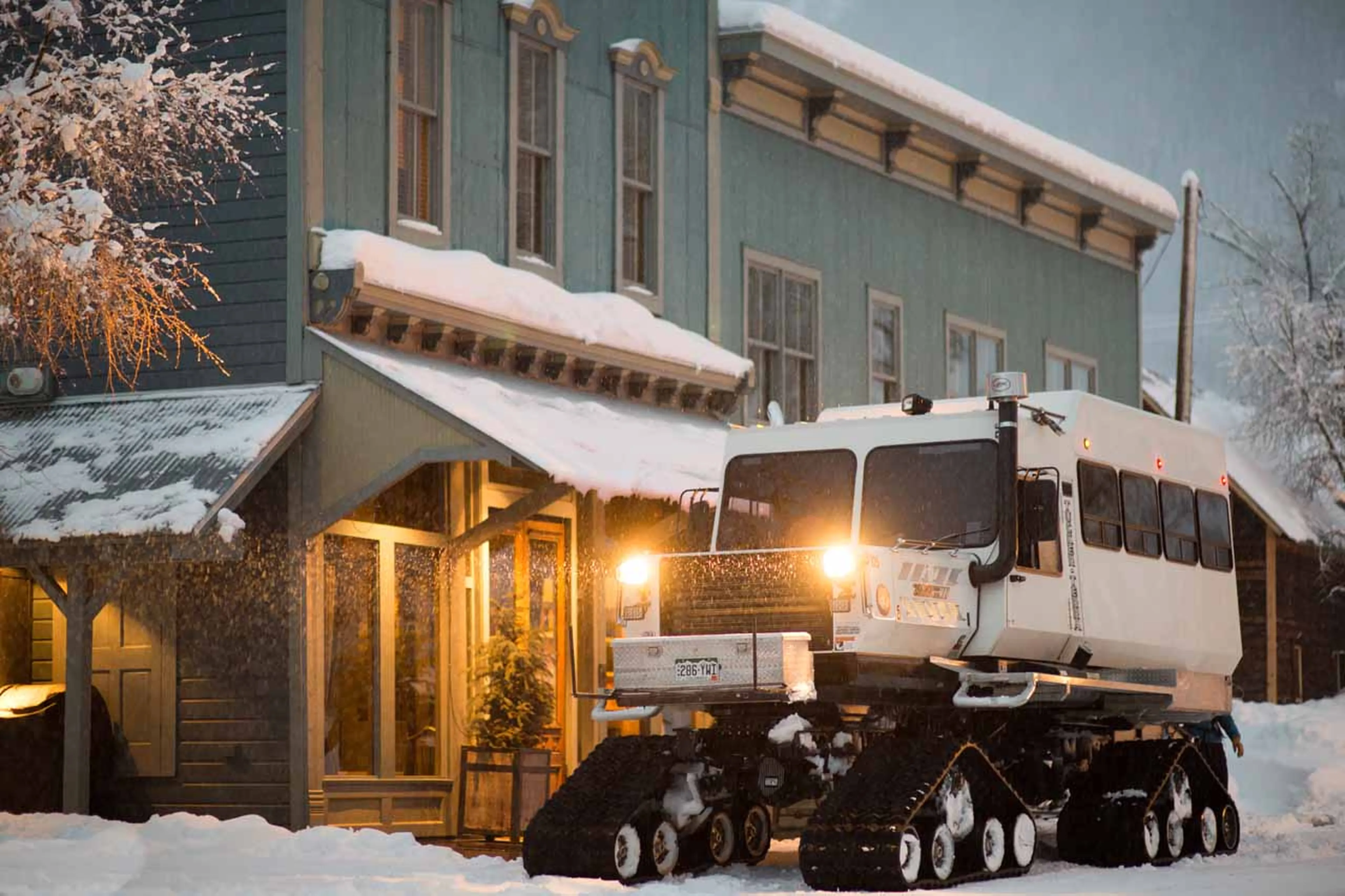 Snow cat parked outside Scarp Ridge Lodge in Crested Butte