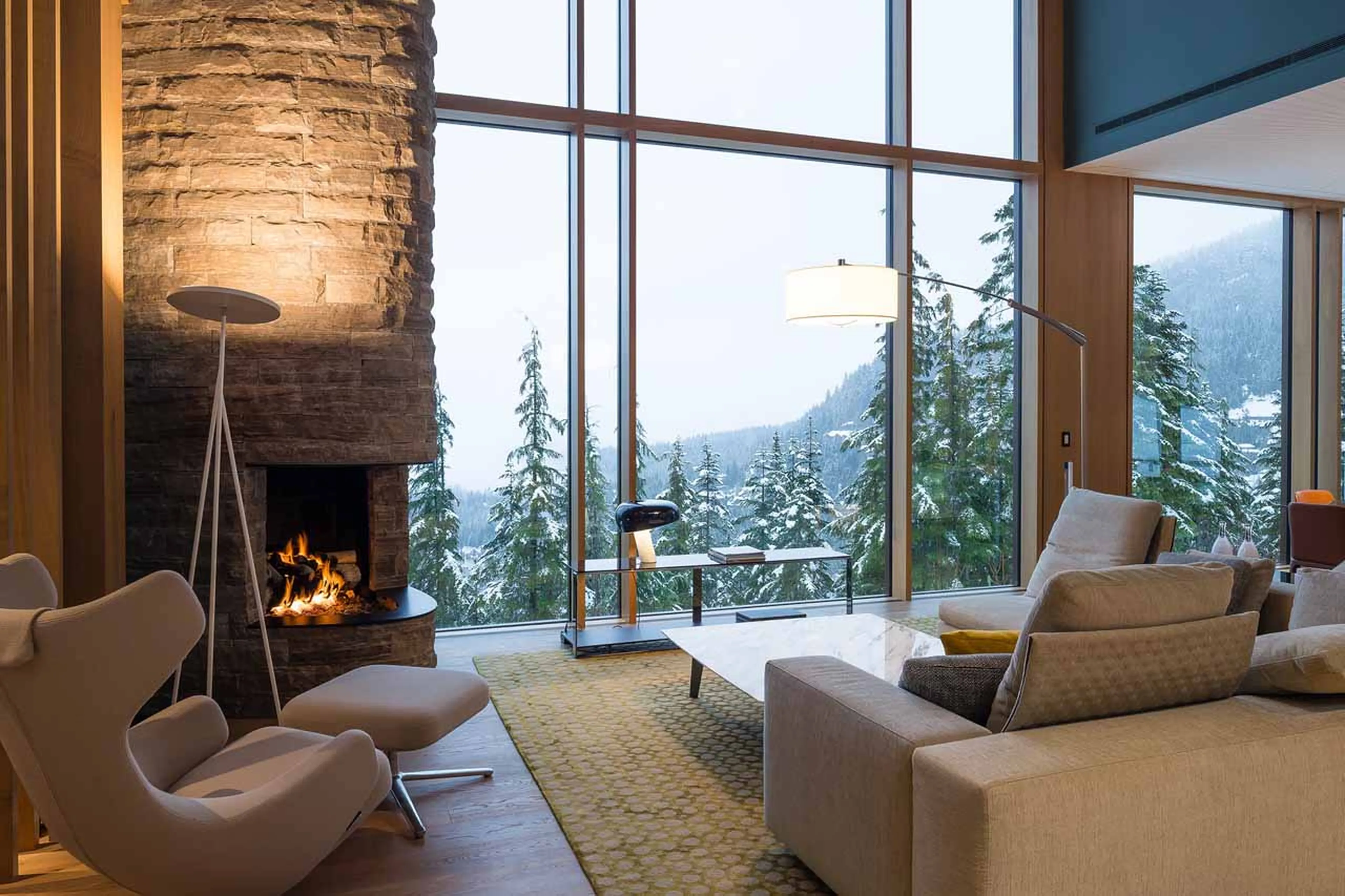 Living area fireplace at Serenity Estate Kadenwood in Whistler