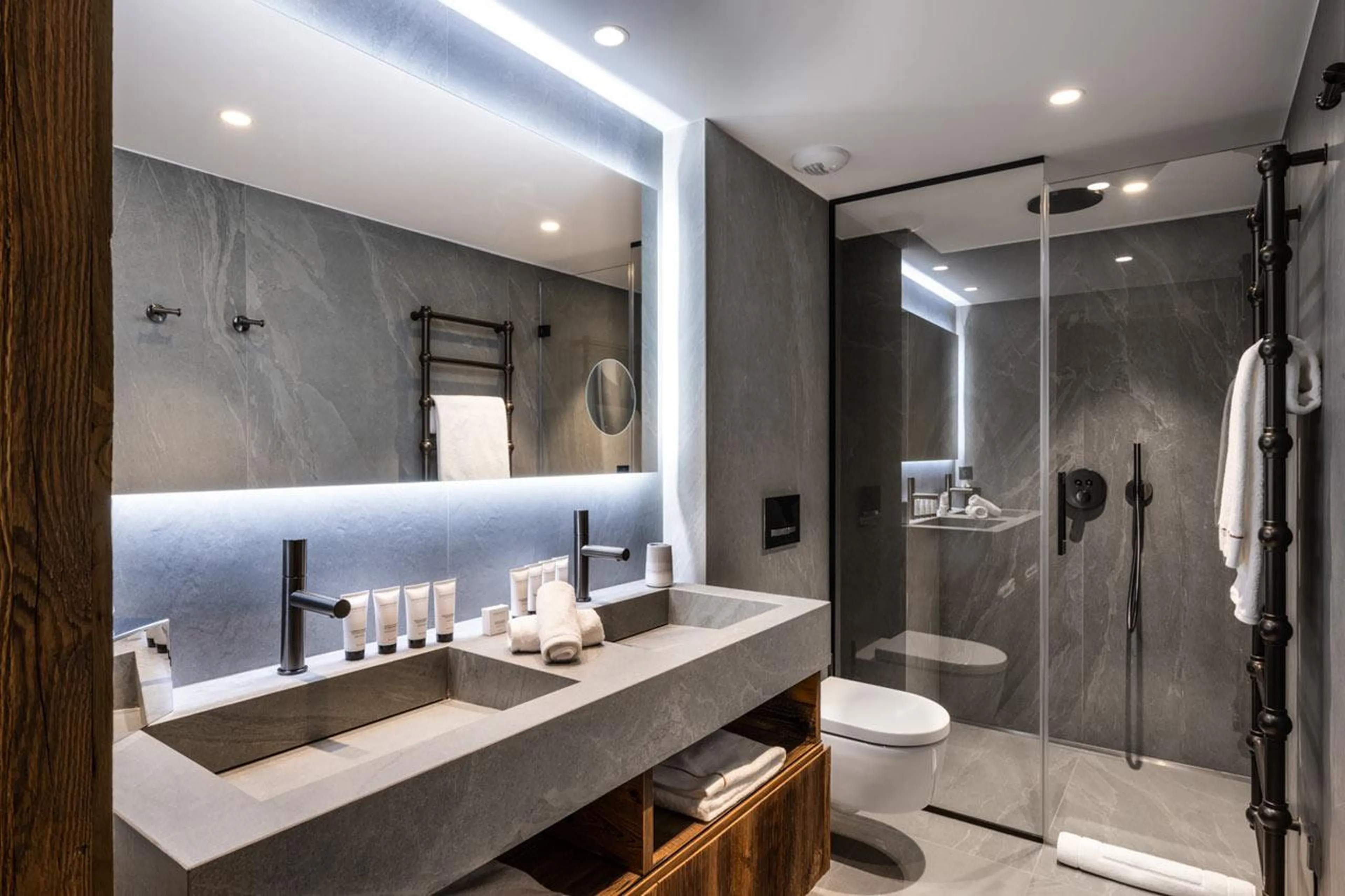 En-suite shower room with double basin at Silverstone Altitude 7 in Val d'Isere