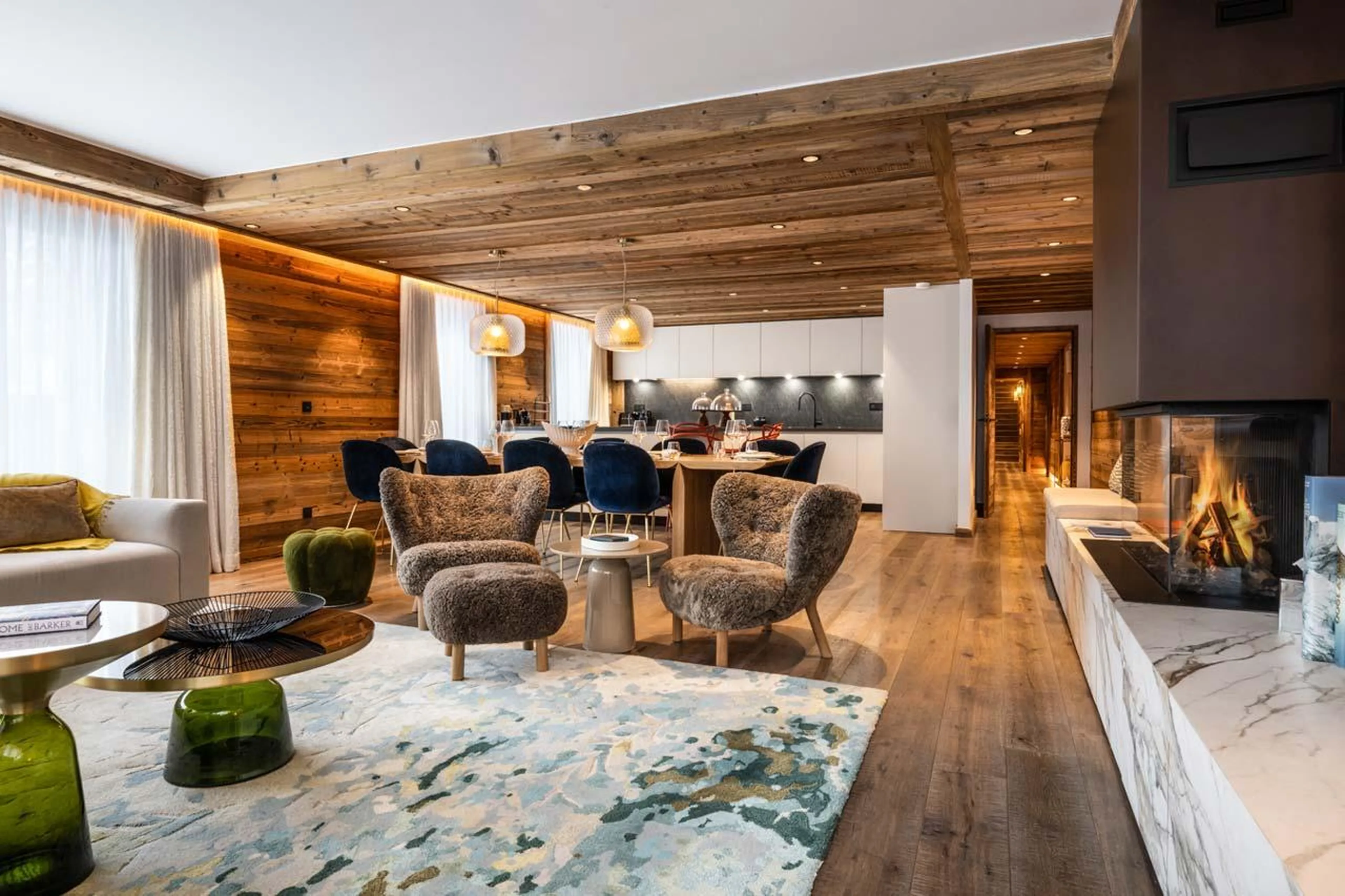 A patinated steel gas fireplace at Silverstone Lodge 1 in Val d'Isere