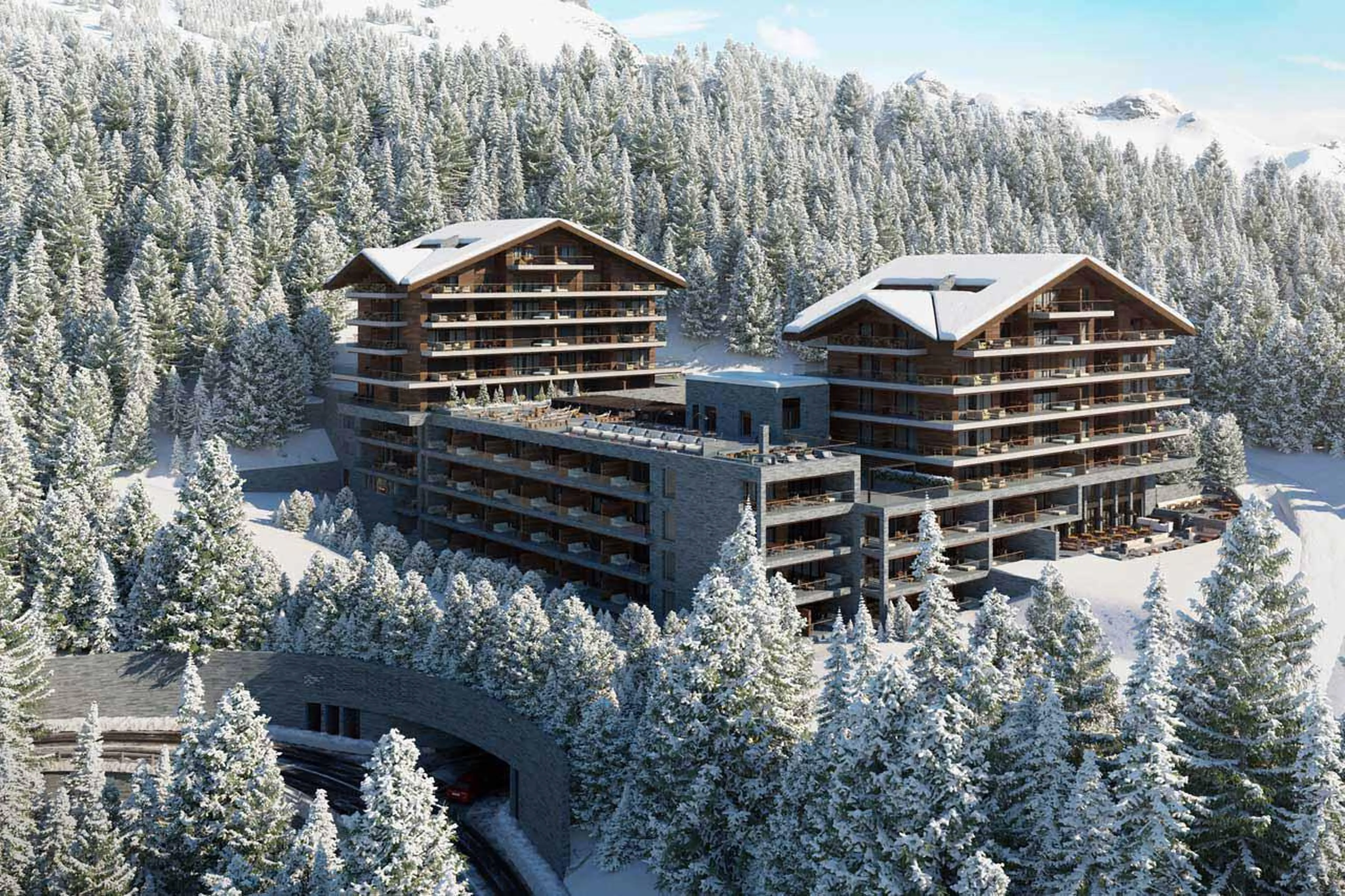 Exterior of Six Senses Crans Montana in winter
