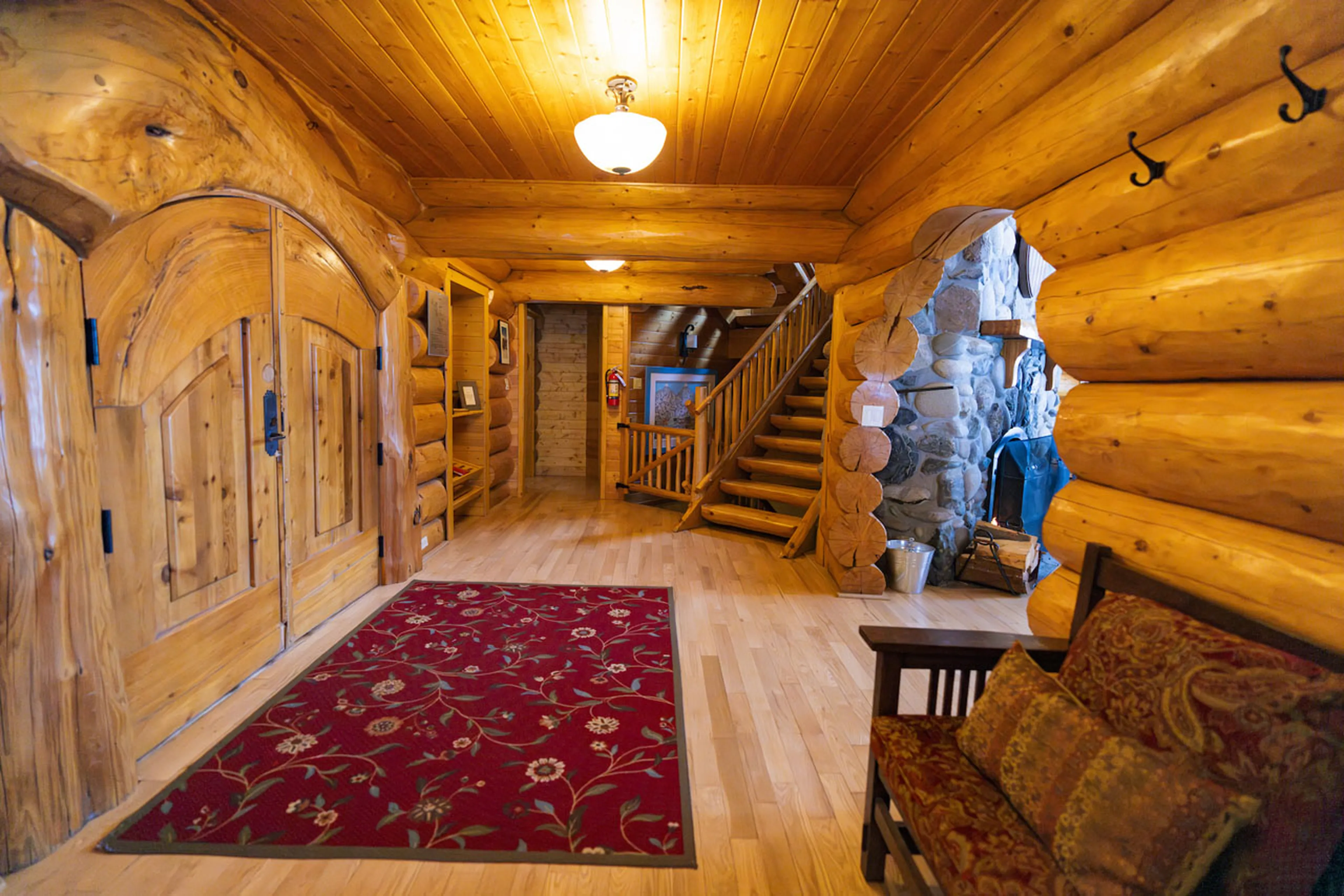 Spacious entrance hall at Spirit Bear Lodge in South Chilcotin, British Columbia