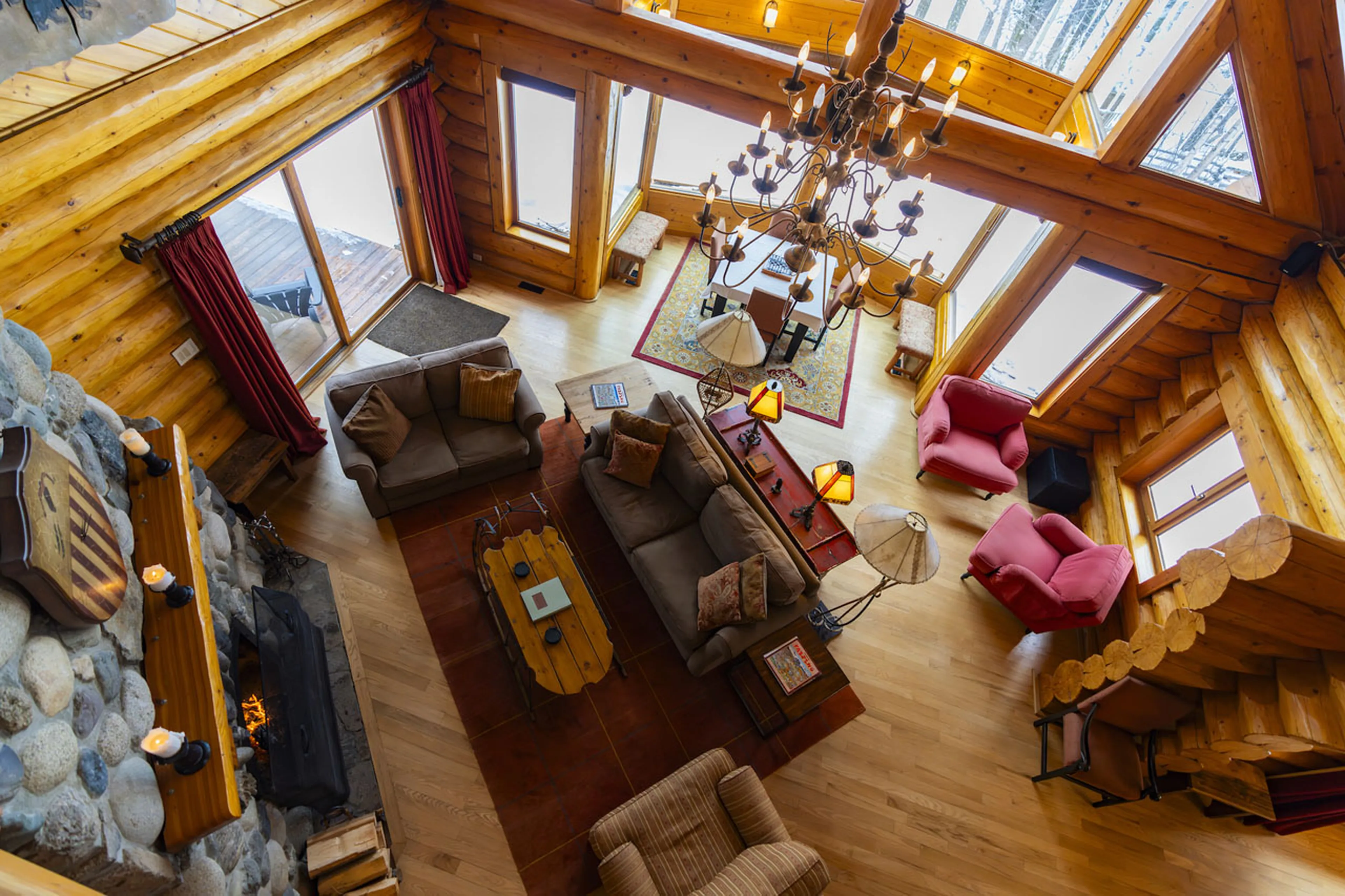 Living room aerial view at Spirit Bear Lodge in South Chilcotin, British Columbia