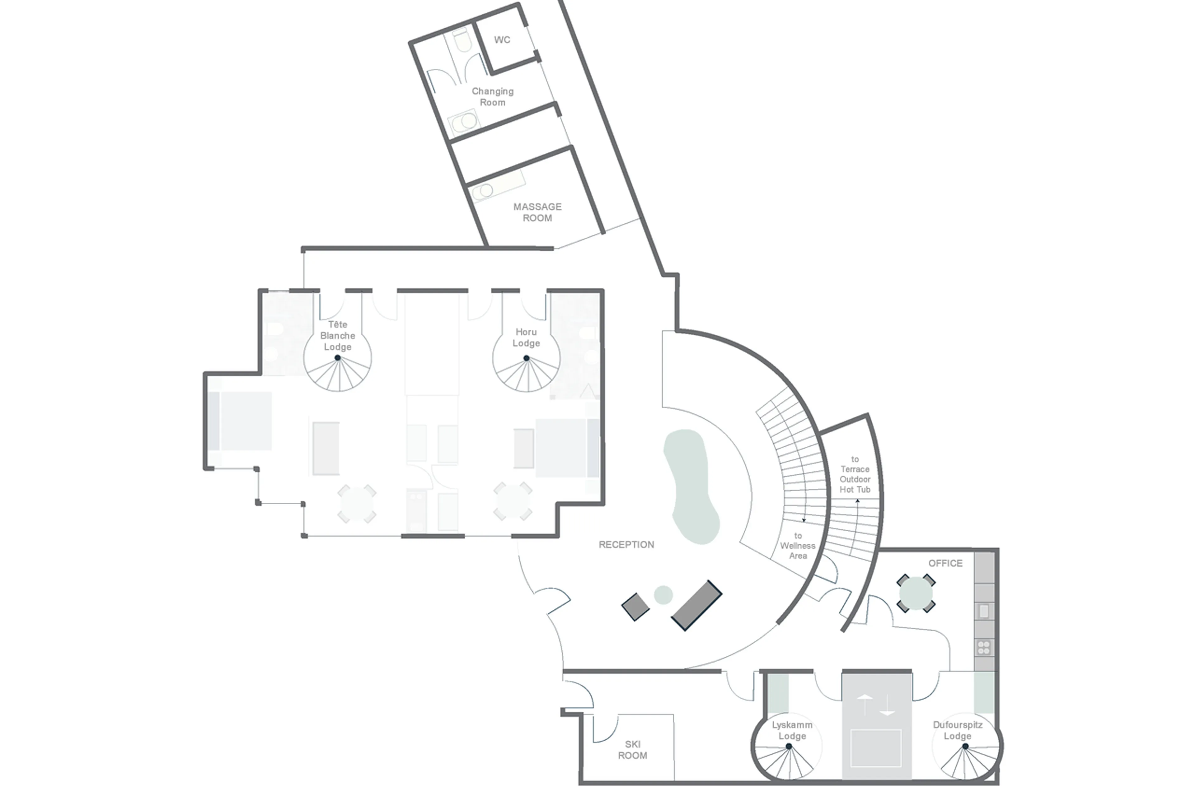 Level 0 floor plan of Tete Blanche Lodge in Zermatt