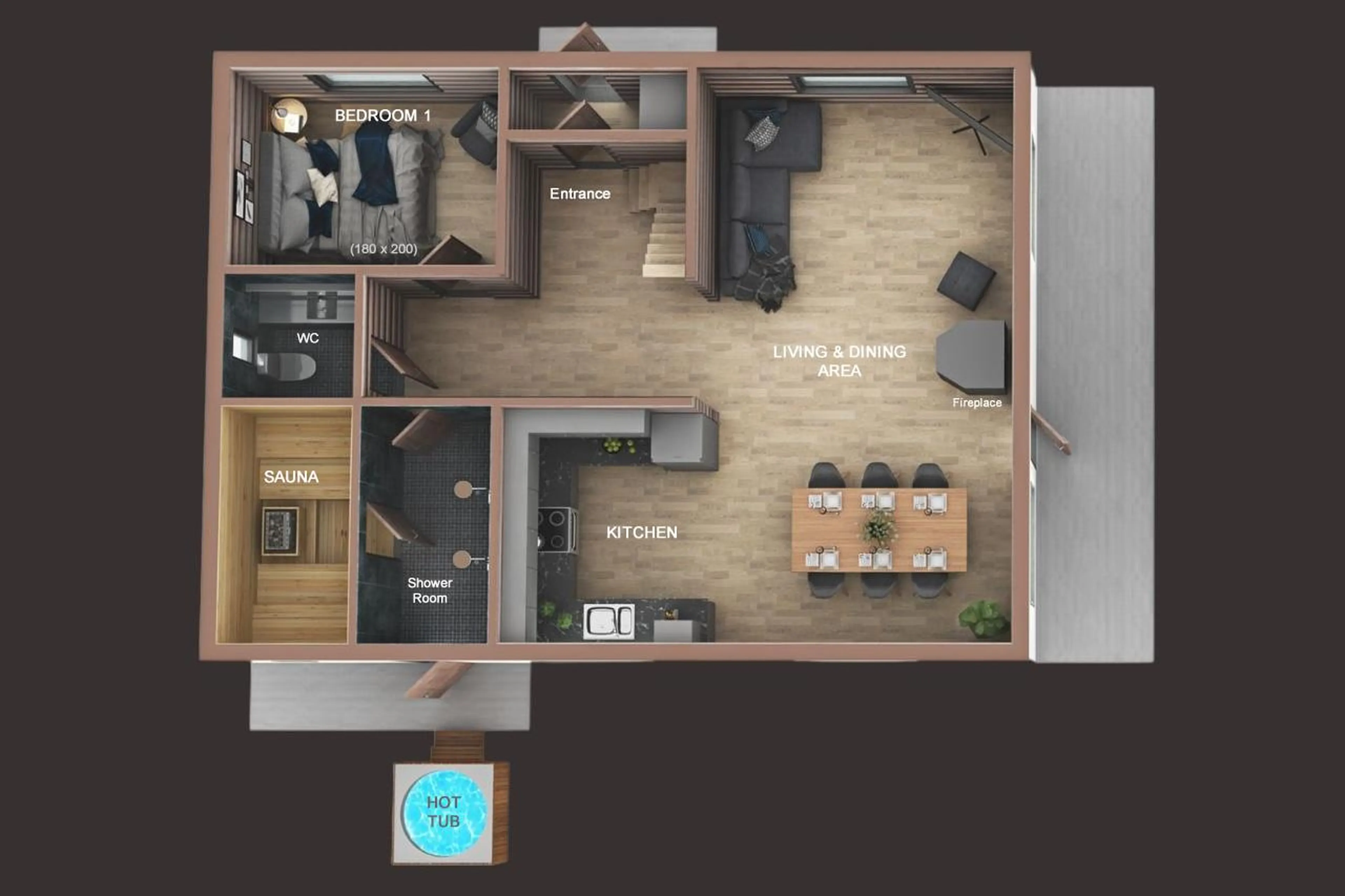 Main level floor plan of The Fell Lodge in Finland