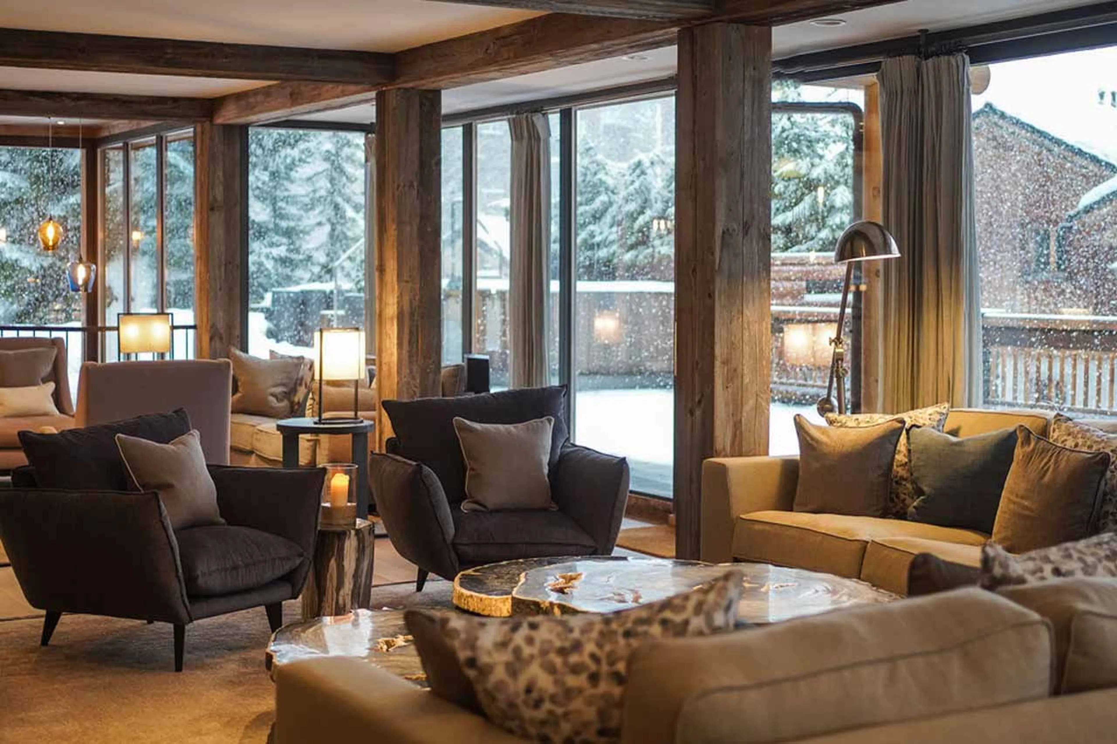 View of the living room at The Lodge in Verbier