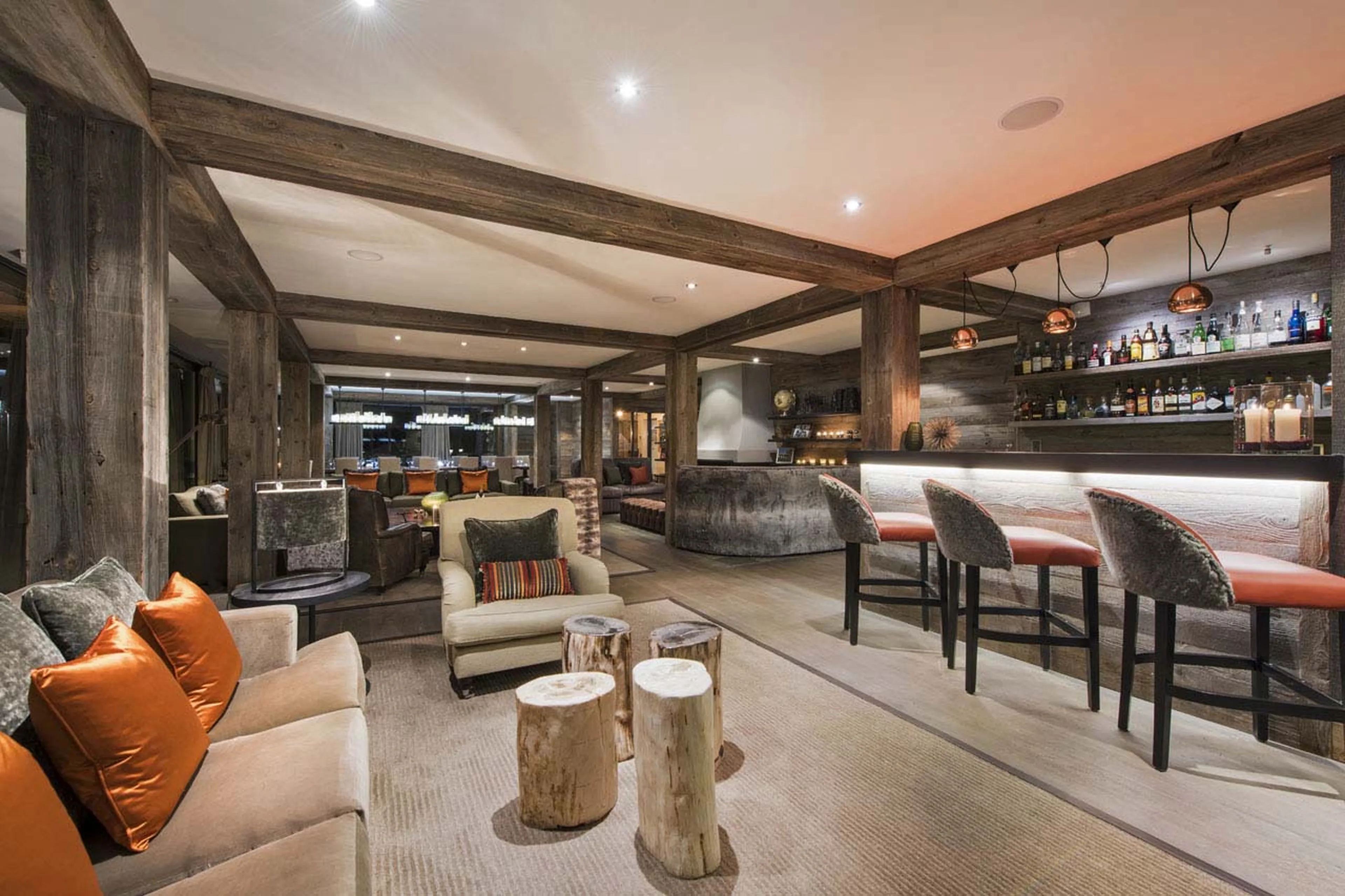 Bar in open plan living area of The Lodge in Verbier