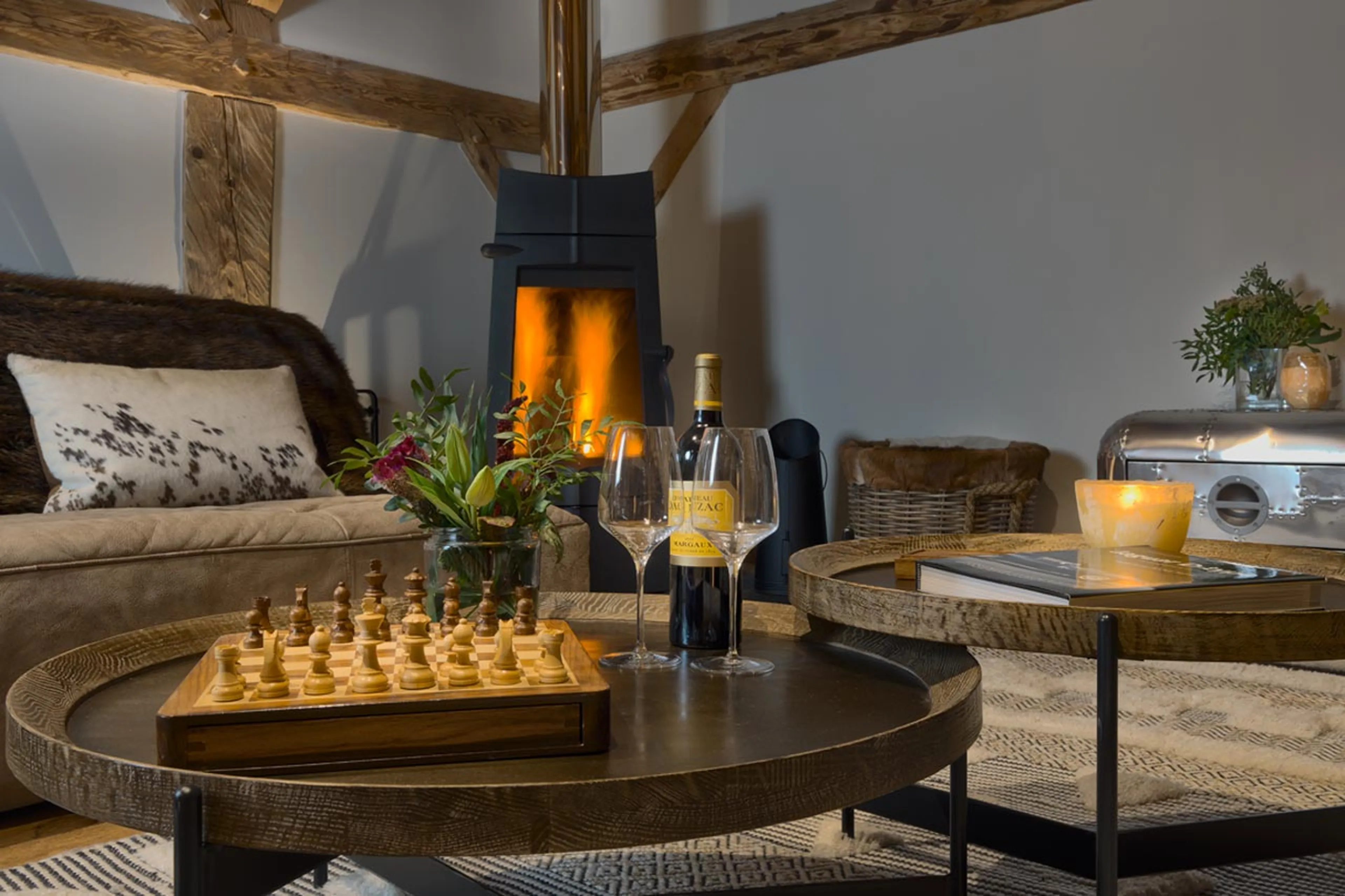 Wood-burning fireplace at The Old Macaroni in Morzine