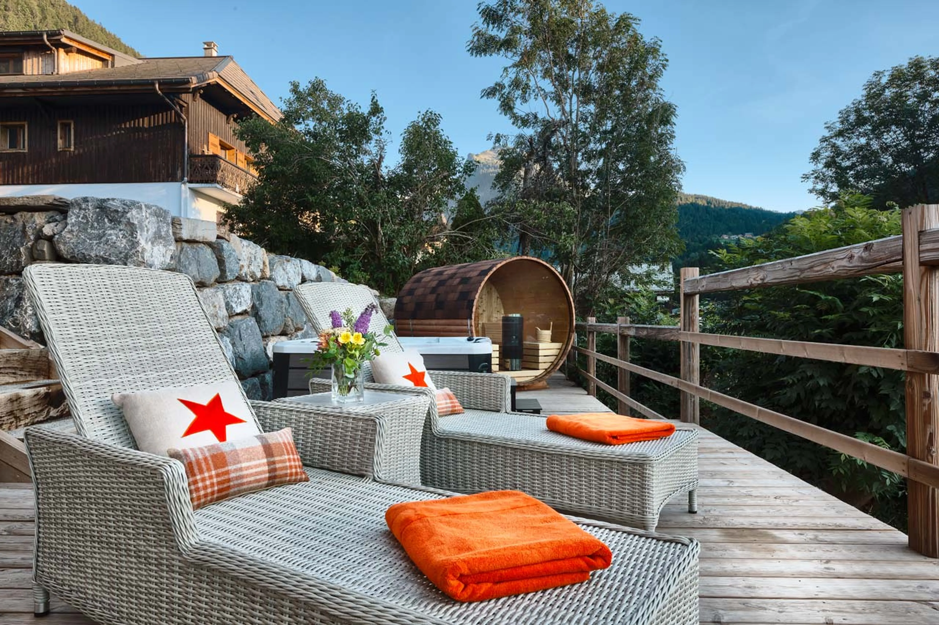 Spa terrace in summer at The Old Macaroni in Morzine