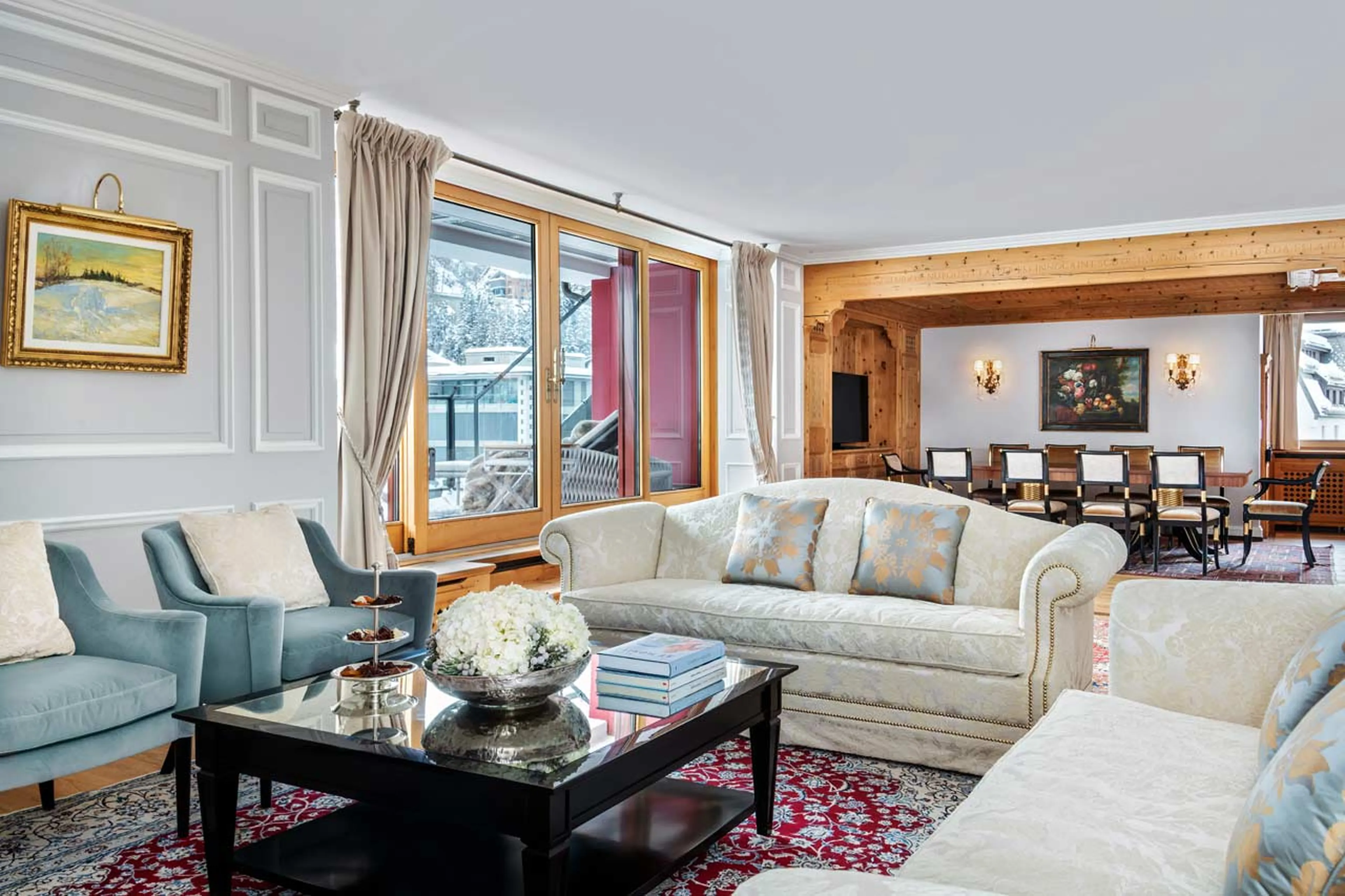 Living and dining area in The Tower Suite in St Moritz