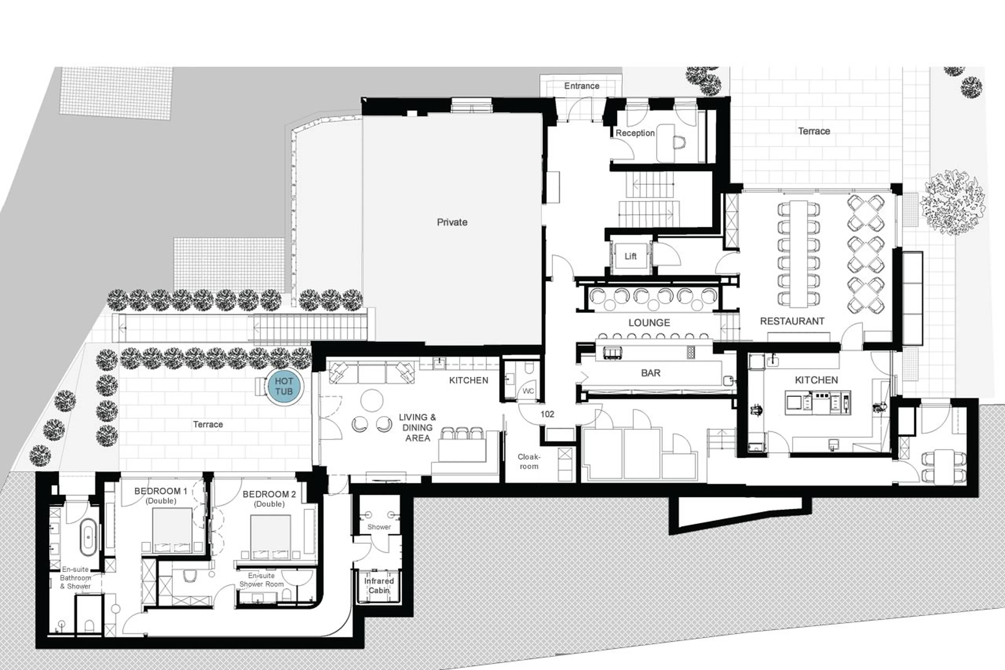 Level 0 floor plan of Apartment Ula Signature 102 and Restaurant in Lech