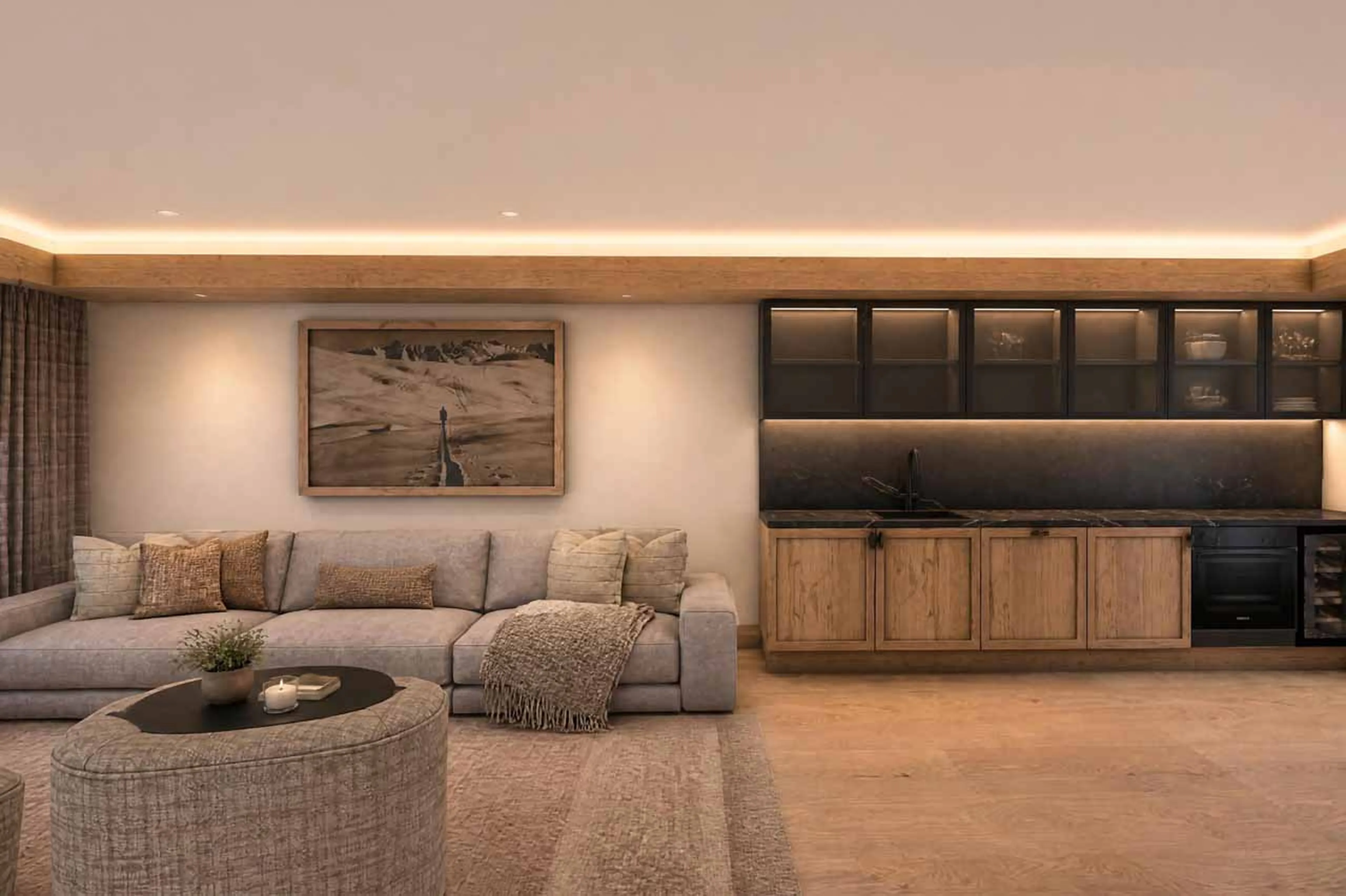 Sofa area and kitchen at Apartment Ula Signature 102 in Lech
