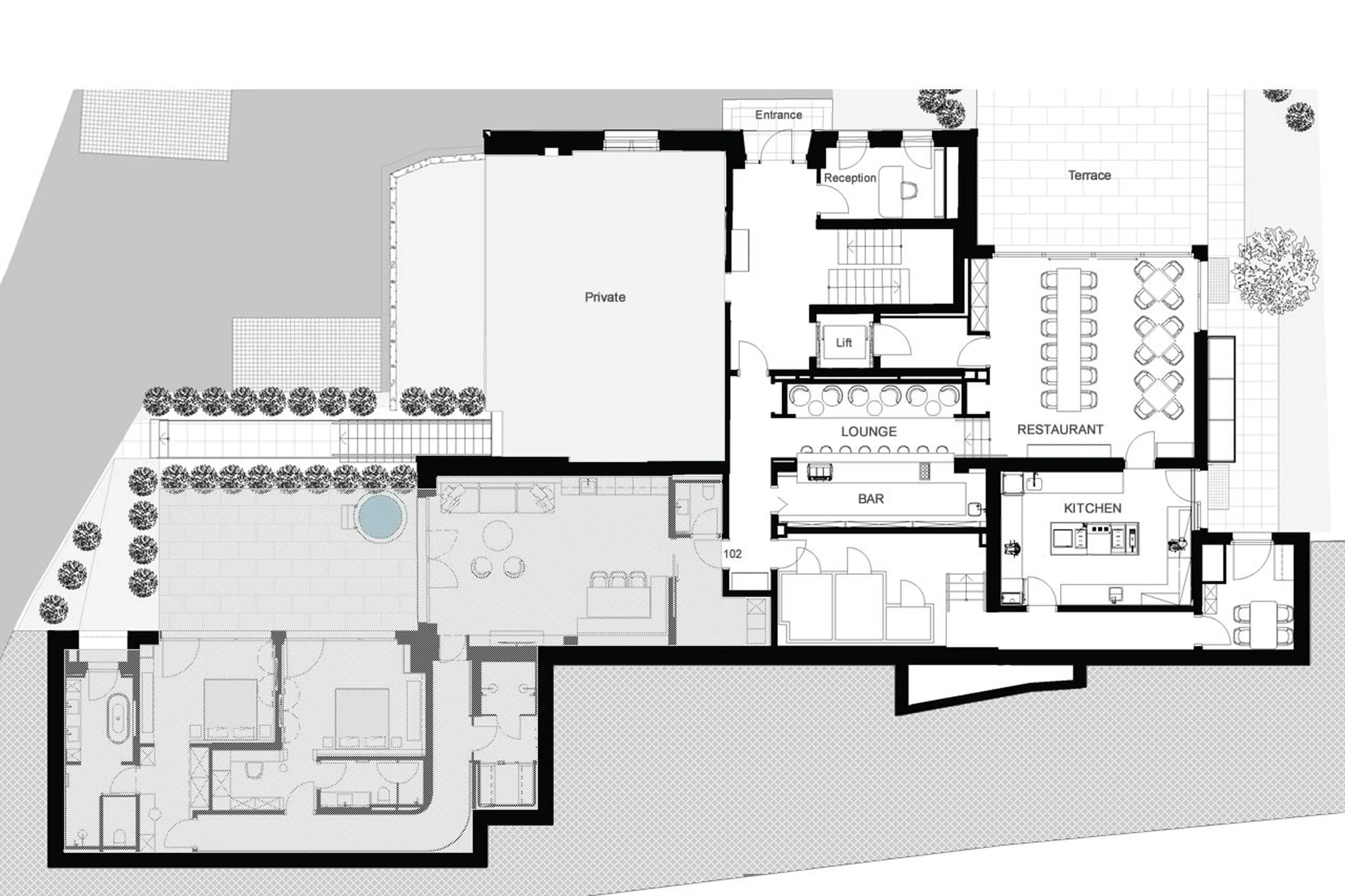 Restaurant level floor plan of Residence Ula Signature in Lech