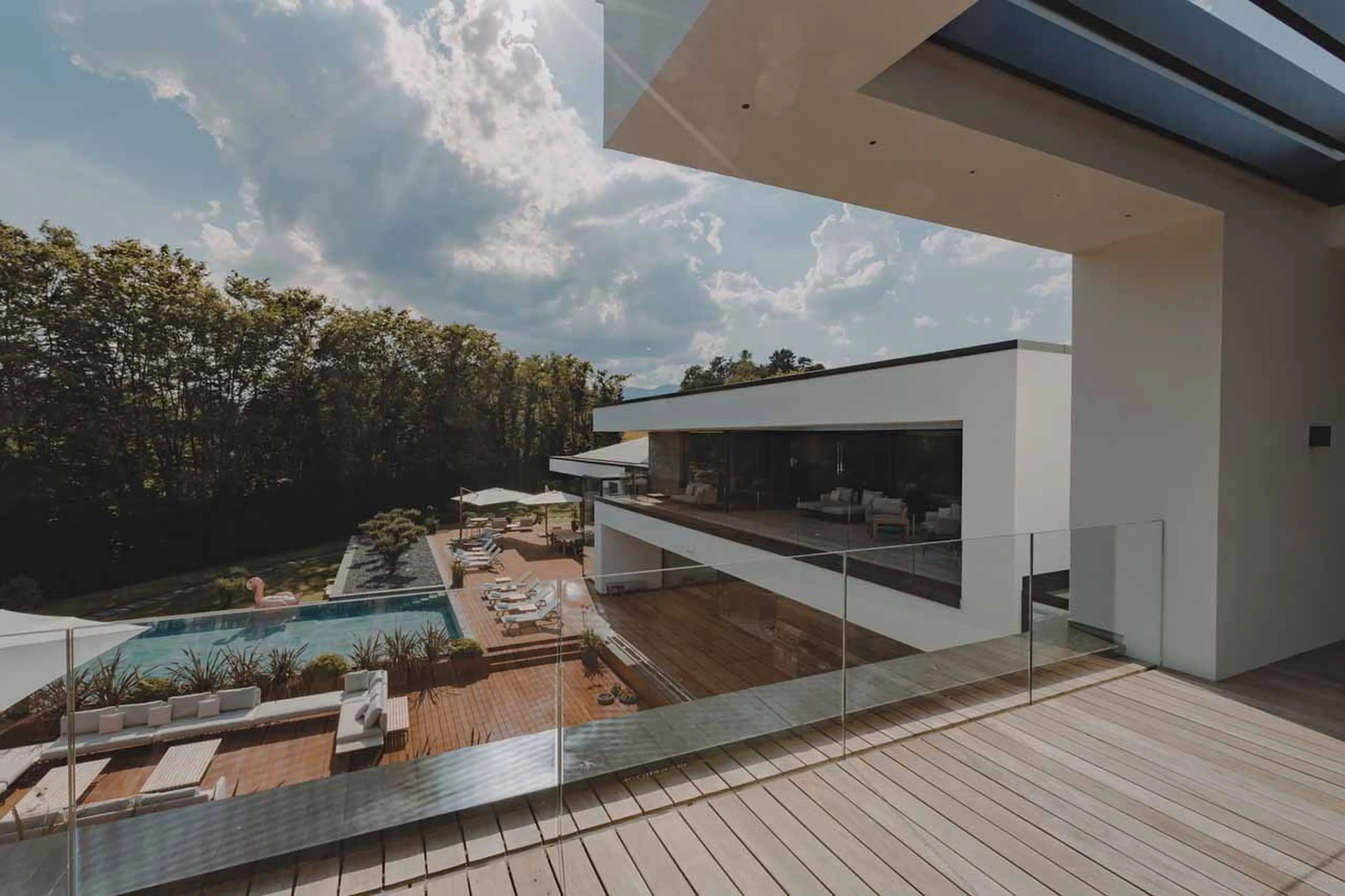 Balcony overlooking pool area