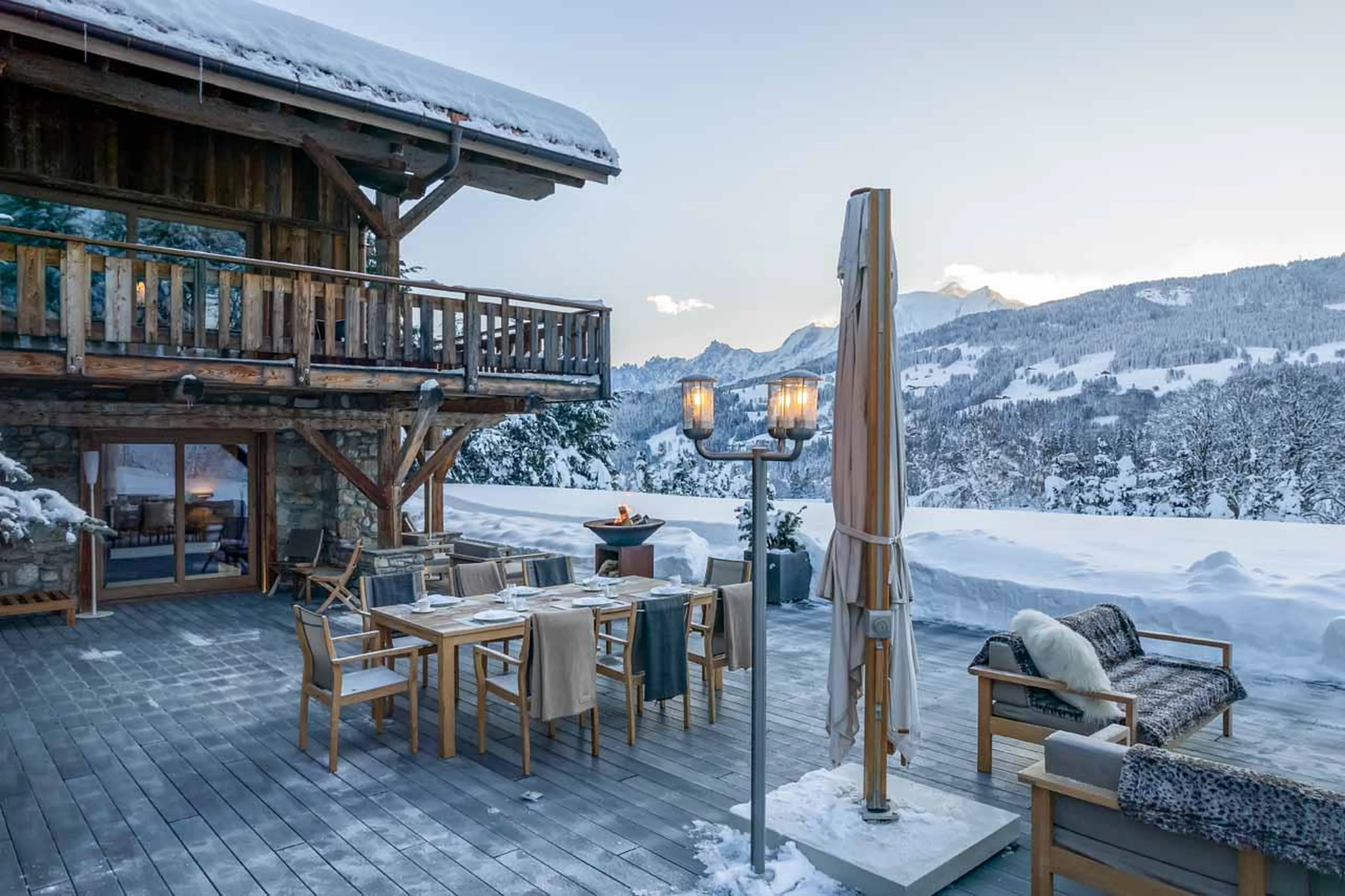 Outdoor terrace overlooking Mont Blanc at Ultima Megeve