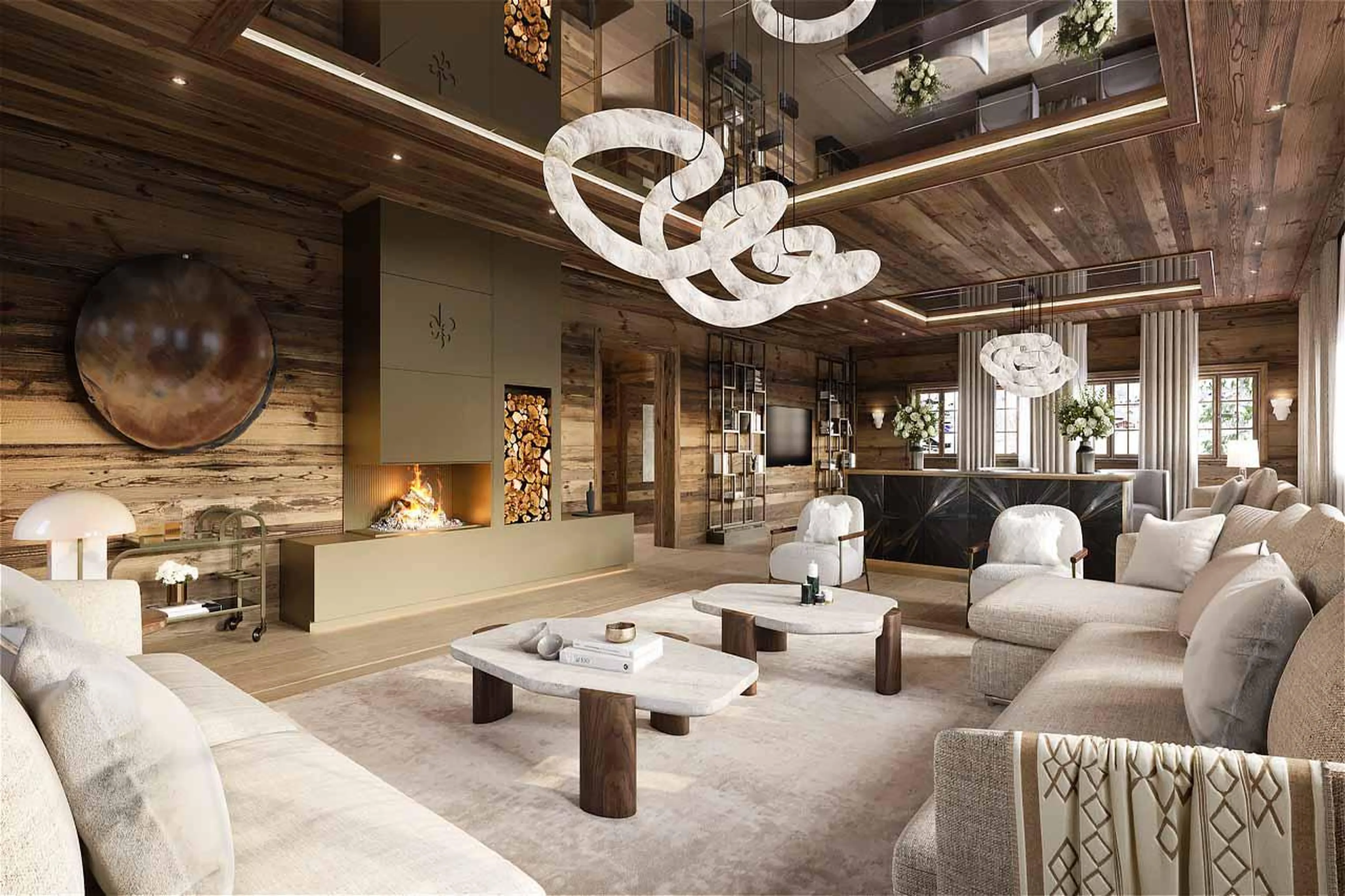 Expansive living room with sofas and fire in Ultima Gstaad Promenade, Gstaad