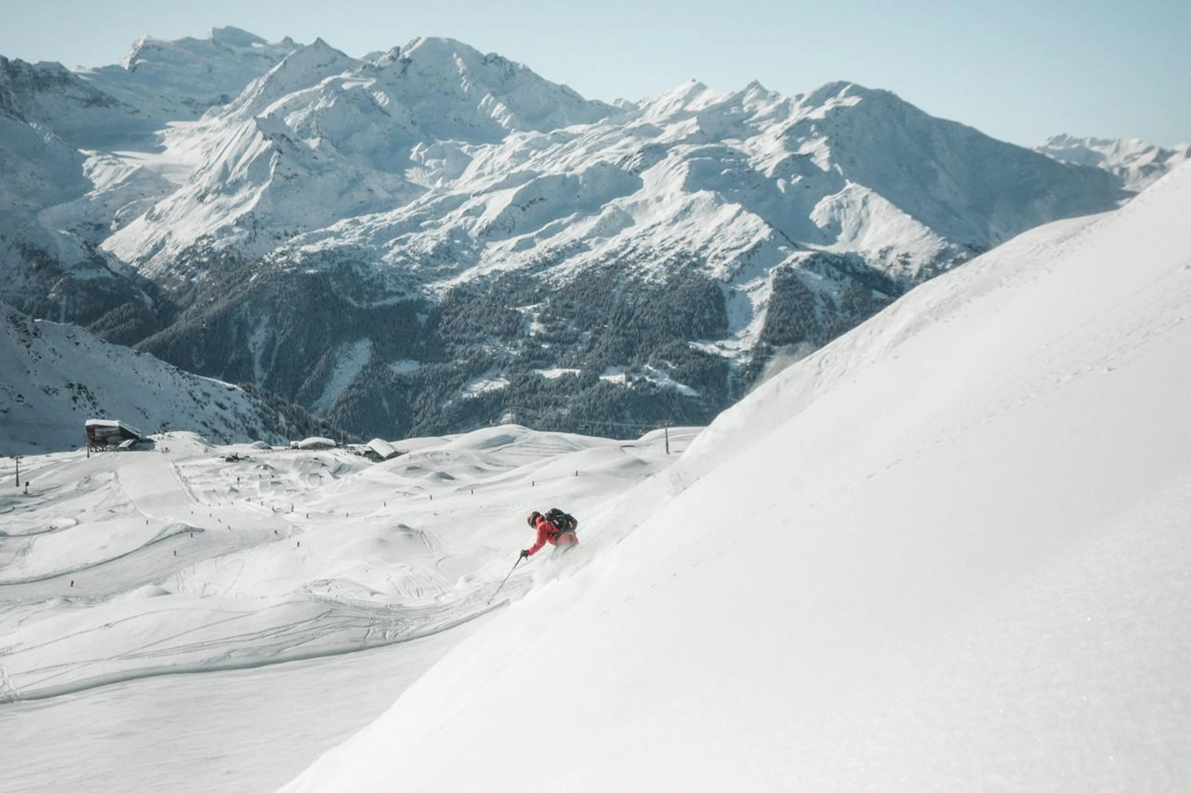 Off-piste skiing in Verbier under blue skies