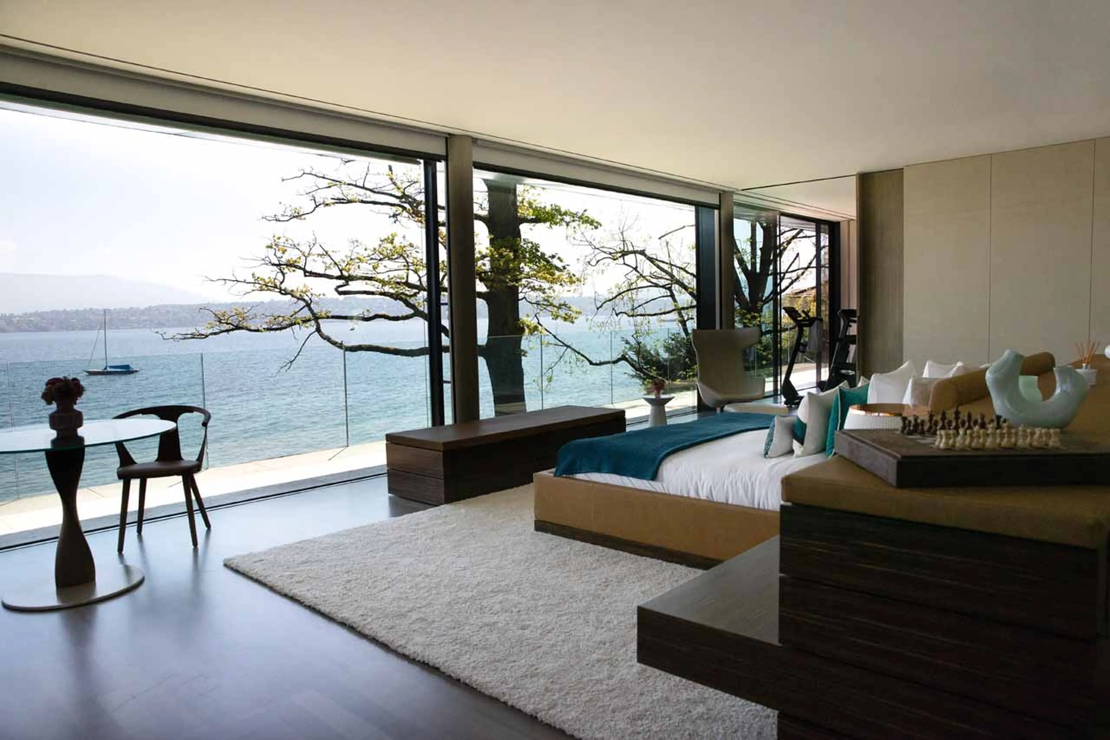 Lake views from master suite at Villa du Lac in Geneva