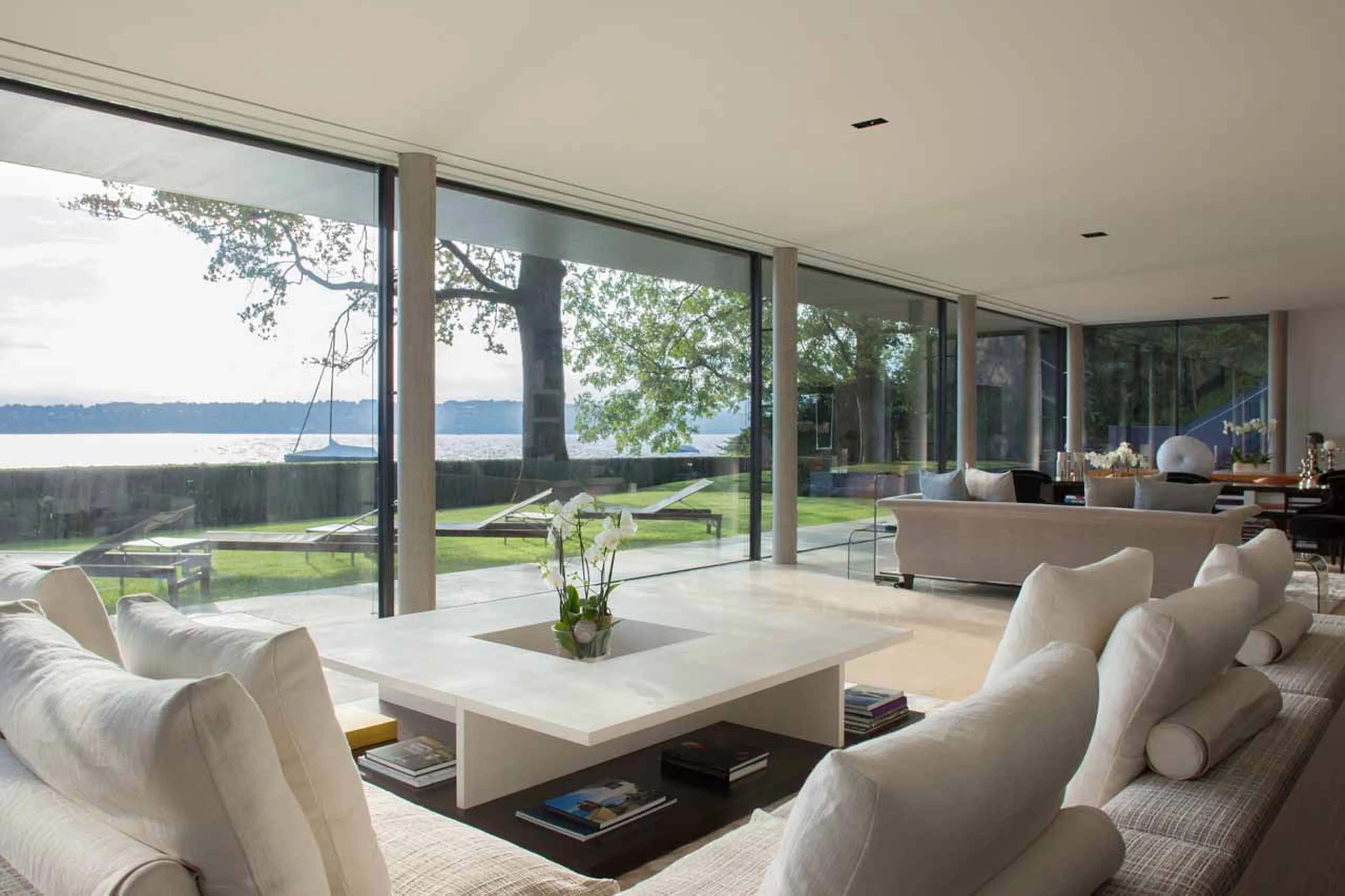 Seating in living area of Villa du Lac in Geneva
