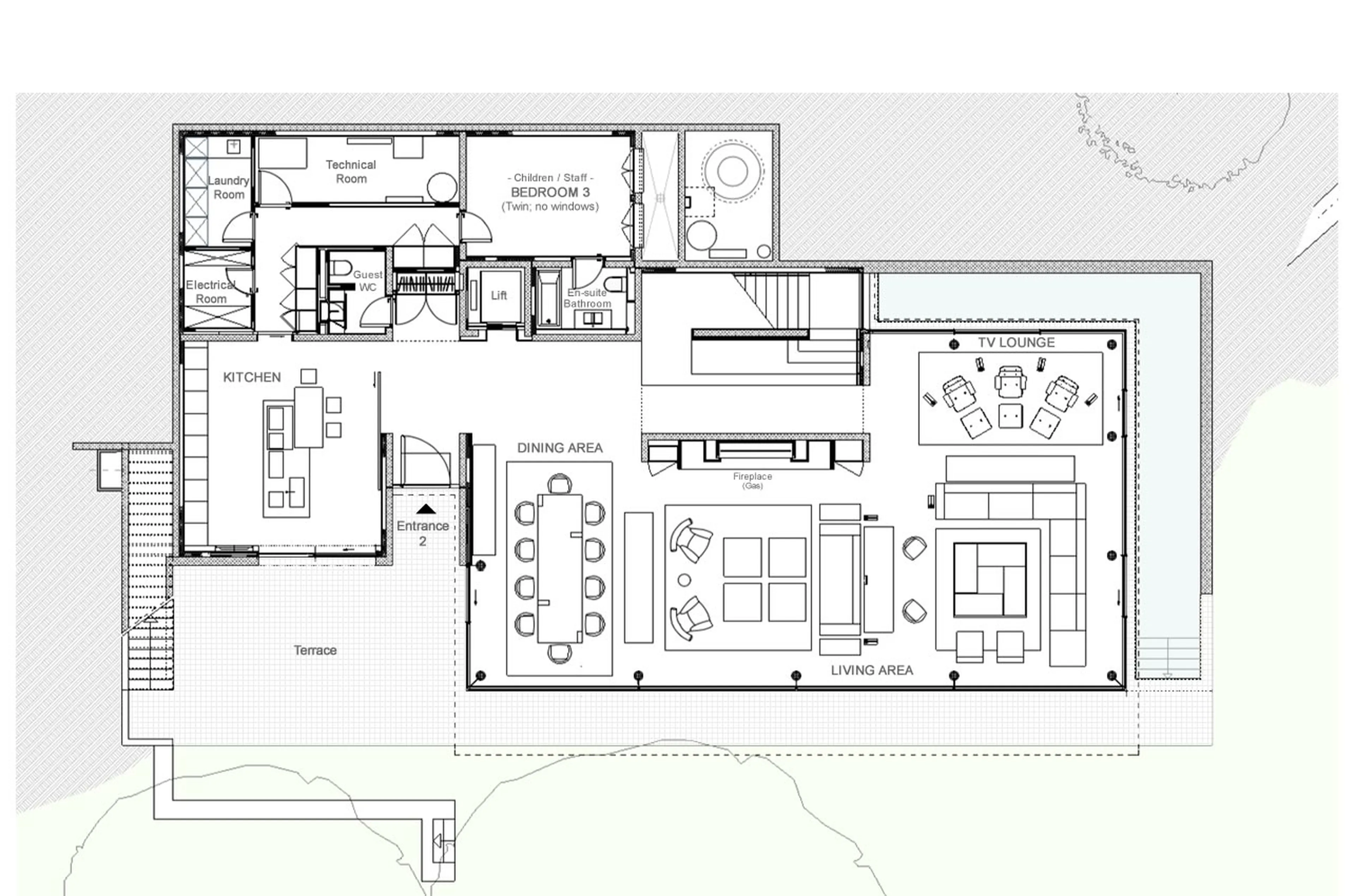 Lower level floor plan of Villa du Lac in Geneva