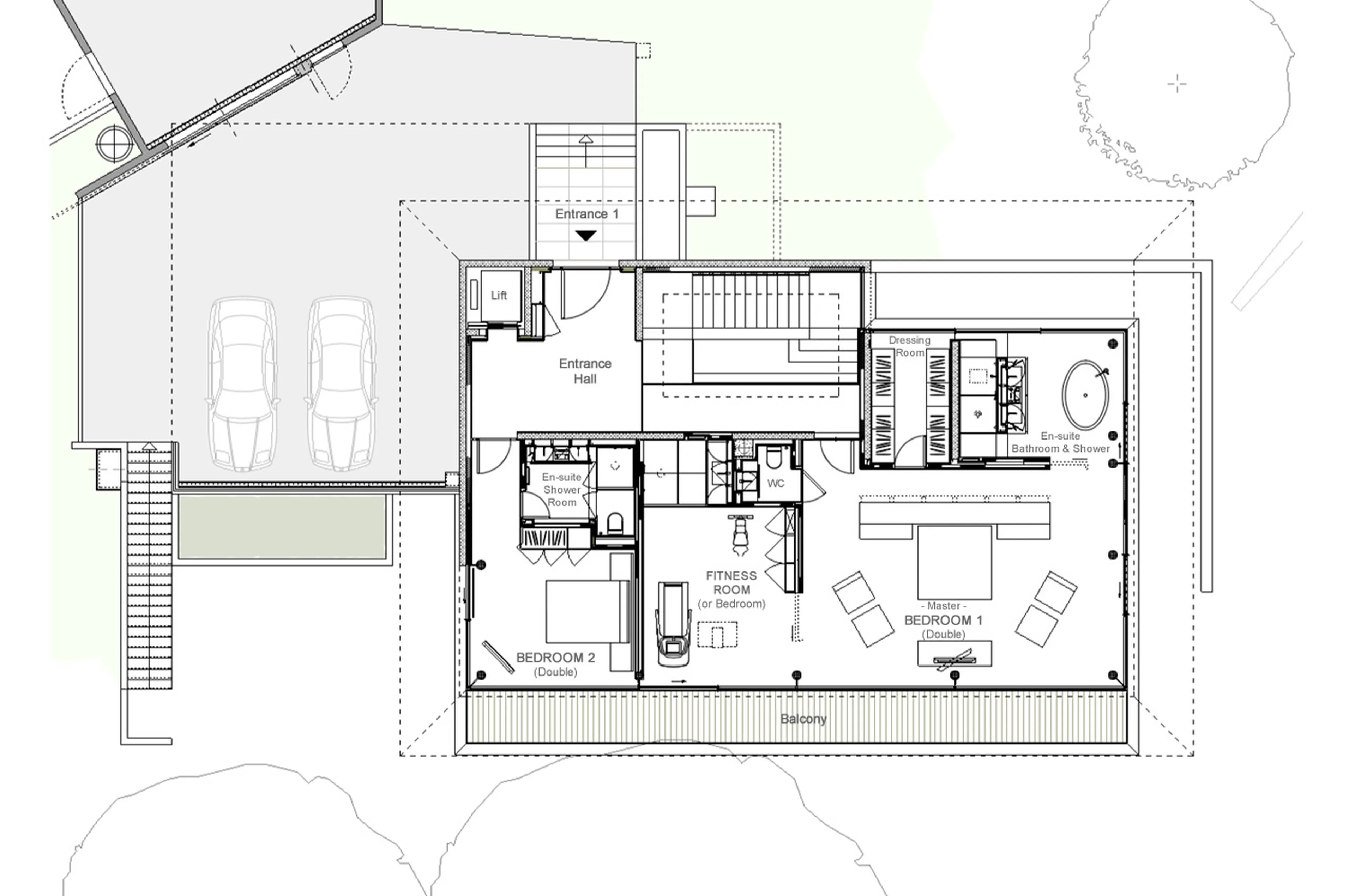Upper level floor plan of Villa du Lac in Geneva