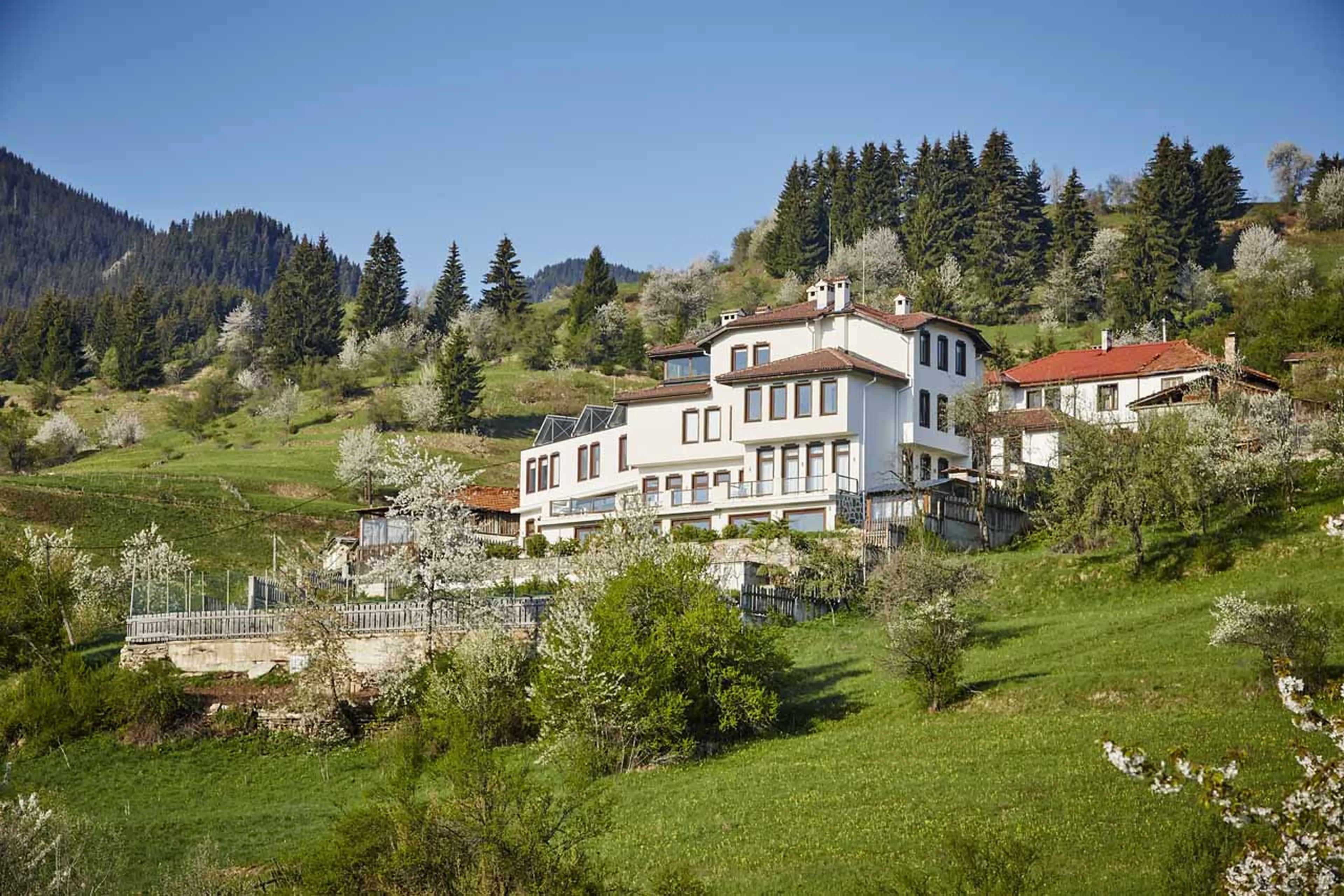 Exterior of Villa Gella in the Rhodope Mountains in summer
