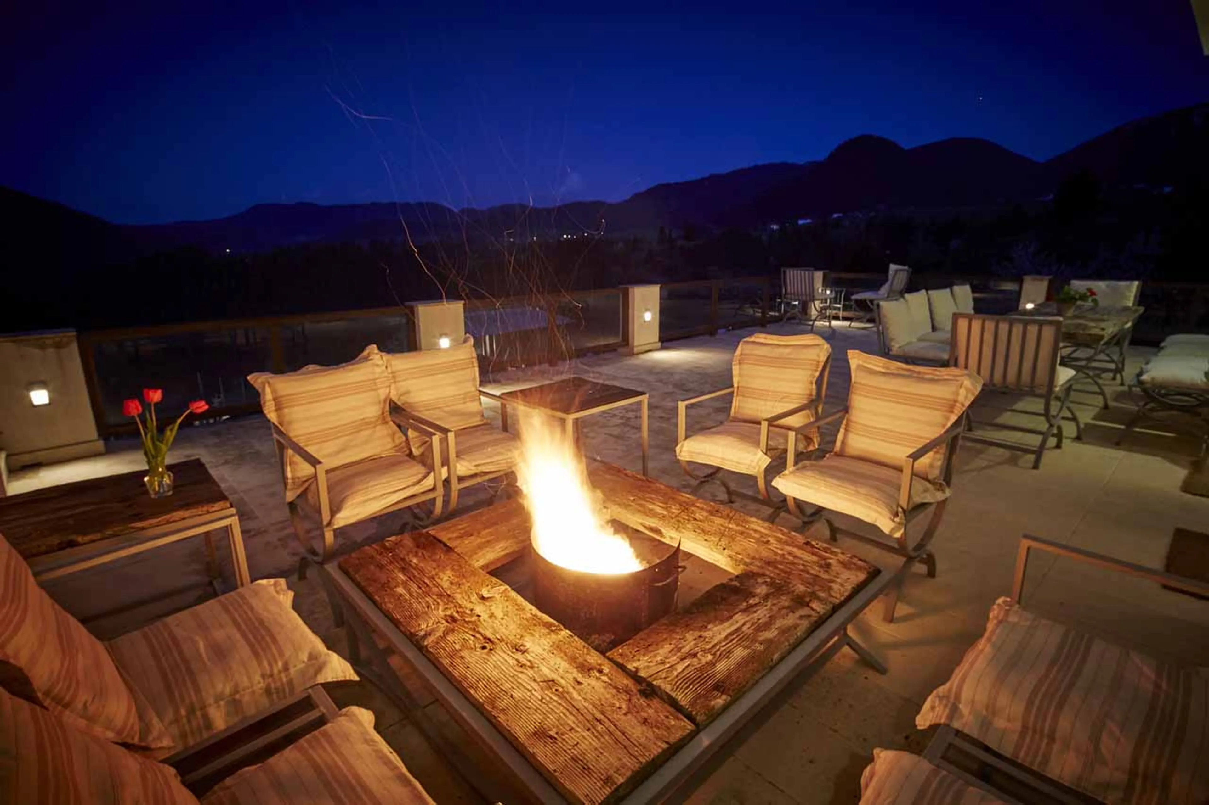 Terrace at night at Villa Gella in the Rhodope Mountains