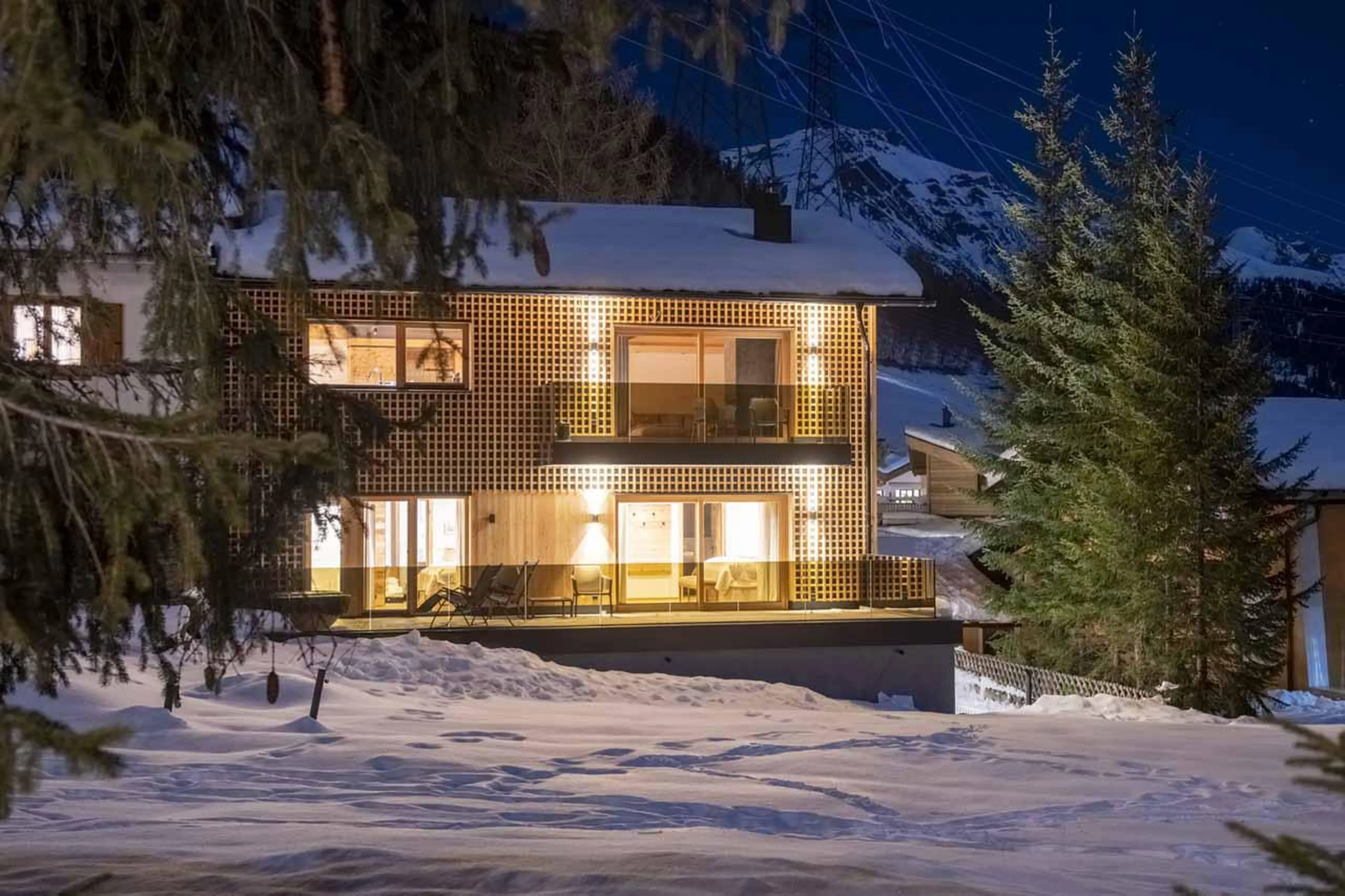 Exterior at night of Villa Villekulla in St Anton